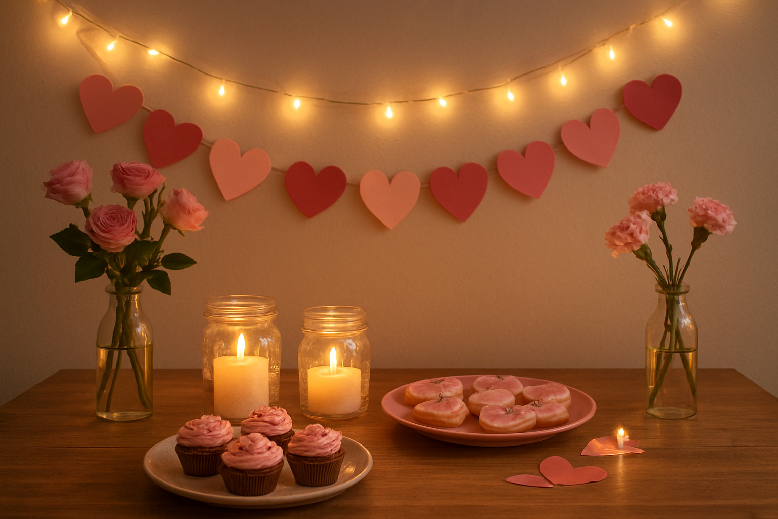 Create a realistic image of a cozy indoor Valentine's Day celebration scene with handmade decorations including paper heart garlands, DIY candles made from mason jars, homemade treats on a simple wooden table, fresh flowers in repurposed bottles, and soft warm lighting from string lights, creating an intimate and romantic atmosphere that showcases creative low-cost celebration ideas, with rose gold and pink color tones throughout the scene, absolutely NO text should be in the scene.
