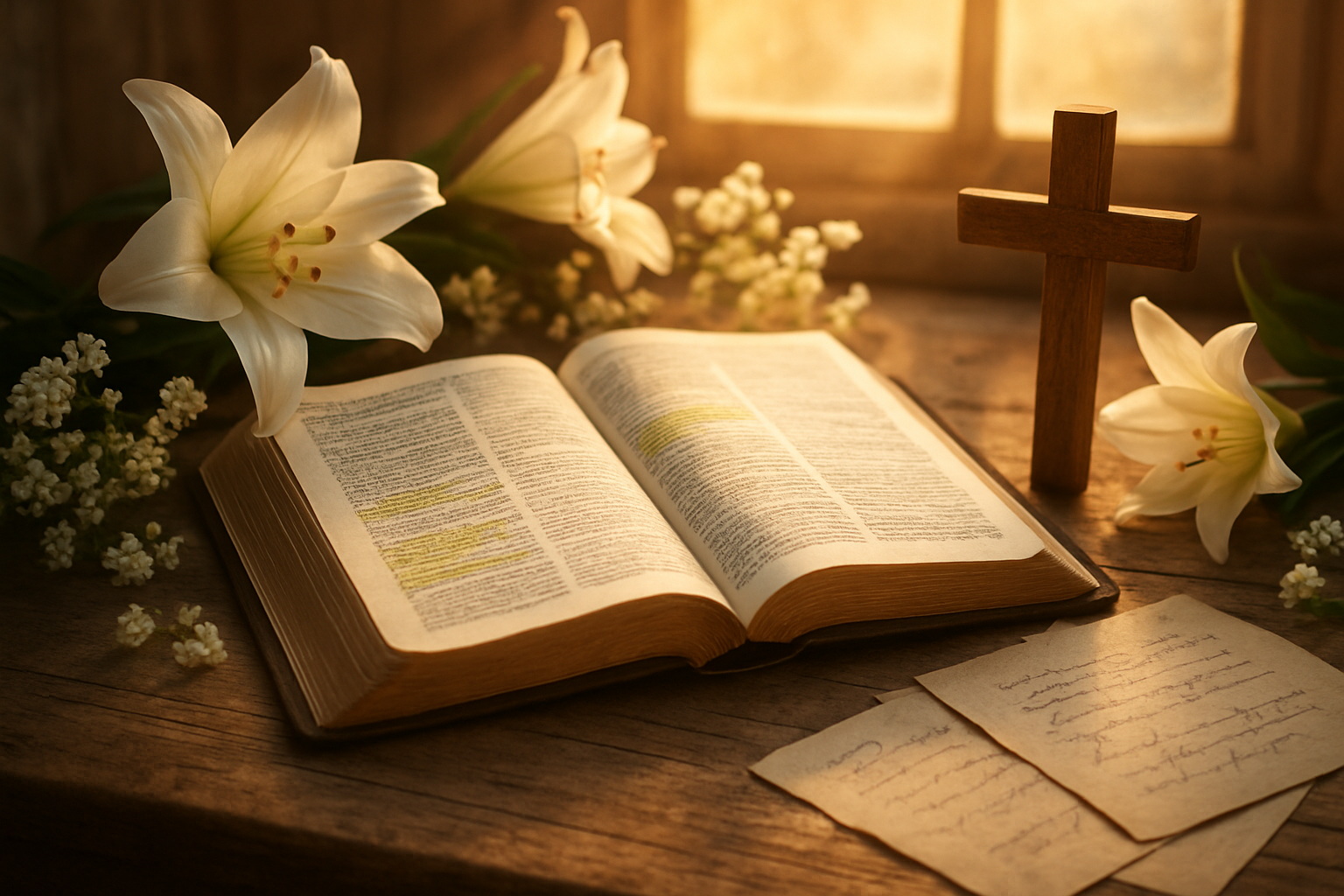Create a realistic image of an open Bible with highlighted verses on weathered wooden table, surrounded by Easter lilies and soft white flowers, with golden morning sunlight streaming through a window creating warm highlights on the pages, a wooden cross casting gentle shadows nearby, and scattered handwritten notes on parchment paper suggesting blog content planning, all set in a peaceful study environment with warm, inspirational lighting that evokes spiritual reflection and Easter hope, absolutely NO text should be in the scene.