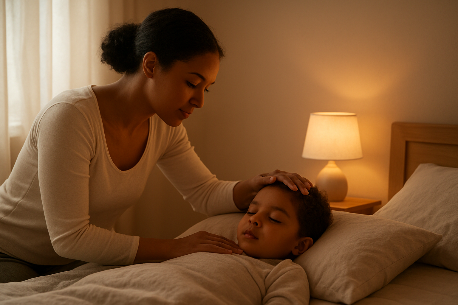 Create a realistic image of a peaceful bedroom scene with a white mother gently placing her hand on her sleeping child's forehead in a protective, caring gesture, soft warm lighting filtering through sheer curtains, a bedside table with a small lamp casting gentle light, comfortable bedding in soft colors, the atmosphere conveying love, protection and peaceful rest, shot from a side angle to capture the tender moment between mother and child, absolutely NO text should be in the scene.