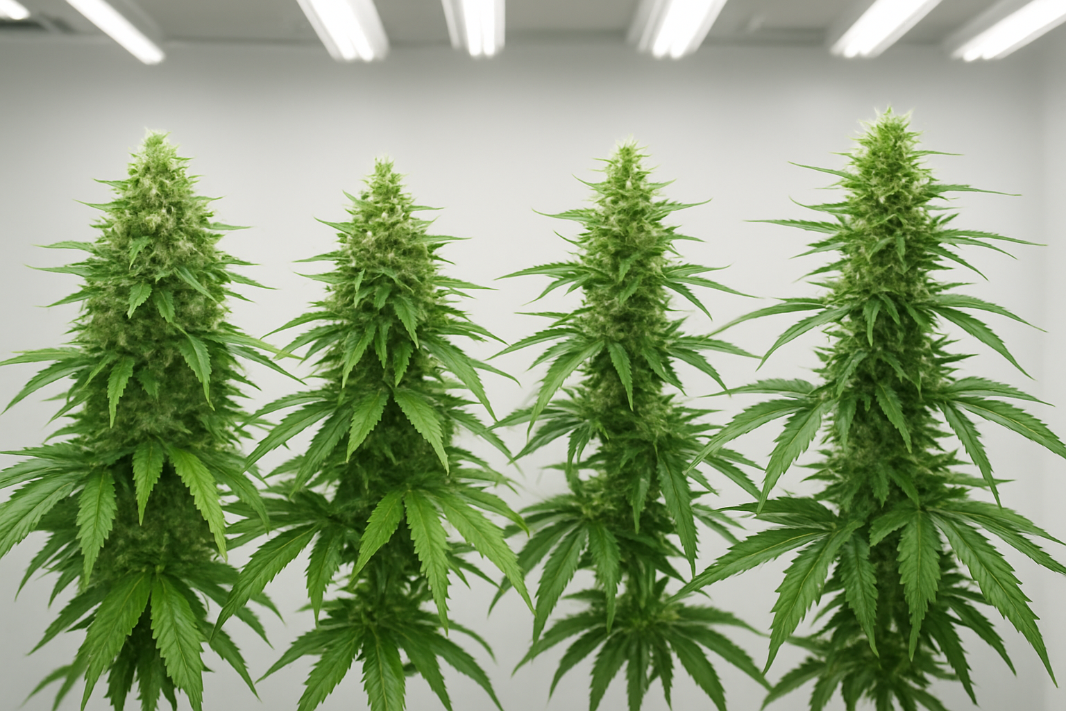 Create a realistic image of multiple cannabis plant varieties displayed side by side, showing different strain phenotypes with vibrant green buds and leaves, each plant exhibiting unique characteristics like varying bud density and leaf shapes, arranged in a clean indoor growing environment with bright white LED lighting, showcasing the diversity of high-ocimene cannabis strains in a professional cultivation setting, with a clean white background and soft natural lighting that highlights the plants' details and textures, absolutely NO text should be in the scene.