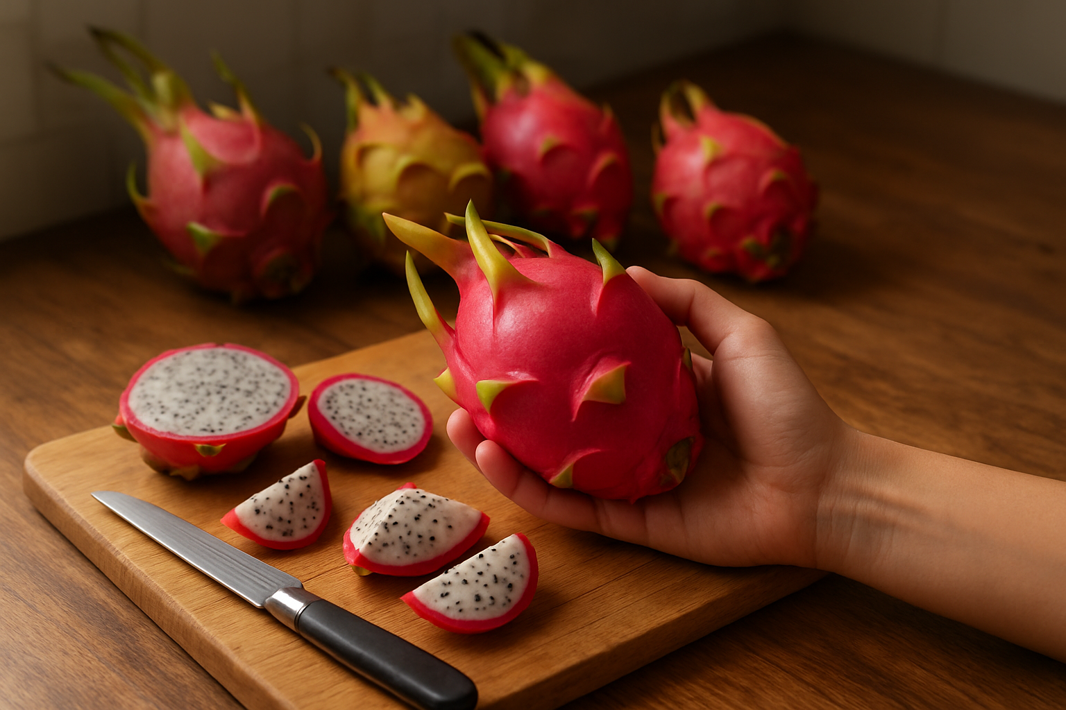 Create a realistic image of hands holding a perfectly ripe dragon fruit with vibrant pink skin and green scales, surrounded by cut dragon fruit pieces showing the white flesh with black seeds, a sharp knife, and a cutting board on a wooden kitchen counter, with whole dragon fruits of varying ripeness in the background displaying different stages from underripe to perfectly ripe, soft natural lighting from a kitchen window creating gentle shadows, absolutely NO text should be in the scene.