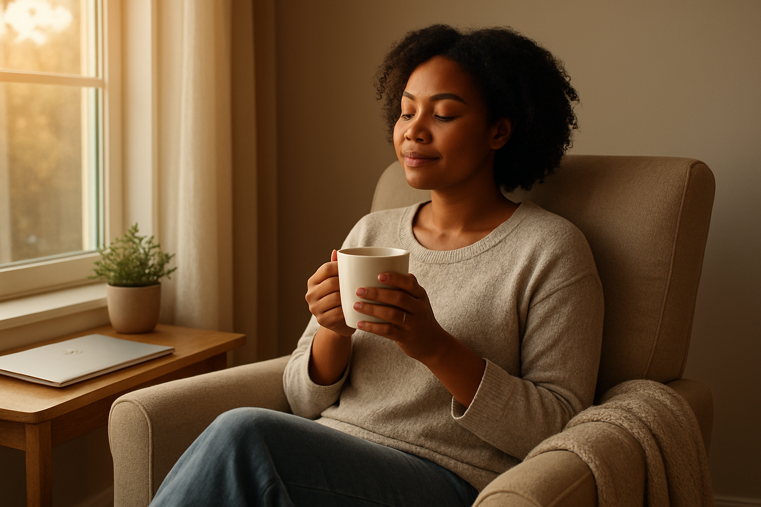Create a realistic image of a peaceful black woman in her 30s sitting in a comfortable reading chair by a large window with soft natural light streaming in, wearing cozy casual clothes, holding a warm cup of tea, with a serene expression of contentment and relaxation, surrounded by elements that suggest work-life balance like a closed laptop on a nearby side table, a small potted plant, and a cozy throw blanket draped over the chair, with a calm and tranquil atmosphere that conveys rest and rejuvenation, soft warm lighting creating a golden hour ambiance, absolutely NO text should be in the scene.
