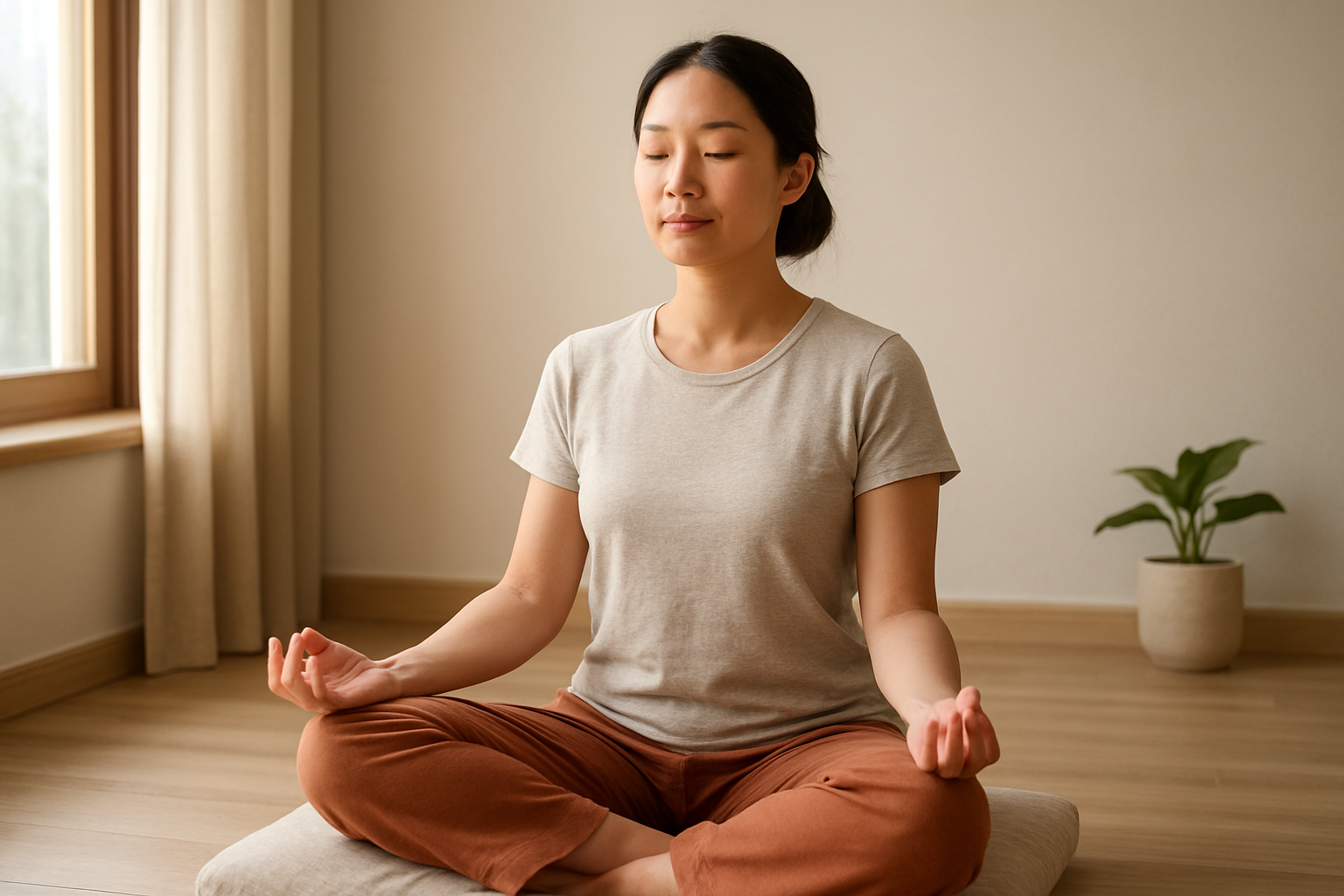 Create a realistic image of a peaceful Asian female in her 30s sitting cross-legged in a comfortable meditation pose on a soft cushion, eyes gently closed with a serene expression, surrounded by a clean minimalist indoor space with warm natural lighting streaming through a large window, featuring subtle elements like a small potted plant, wooden floor, and soft neutral tones that convey completion, accomplishment, and inner peace, with the overall scene suggesting the successful establishment of a meditation practice. Absolutely NO text should be in the scene.
