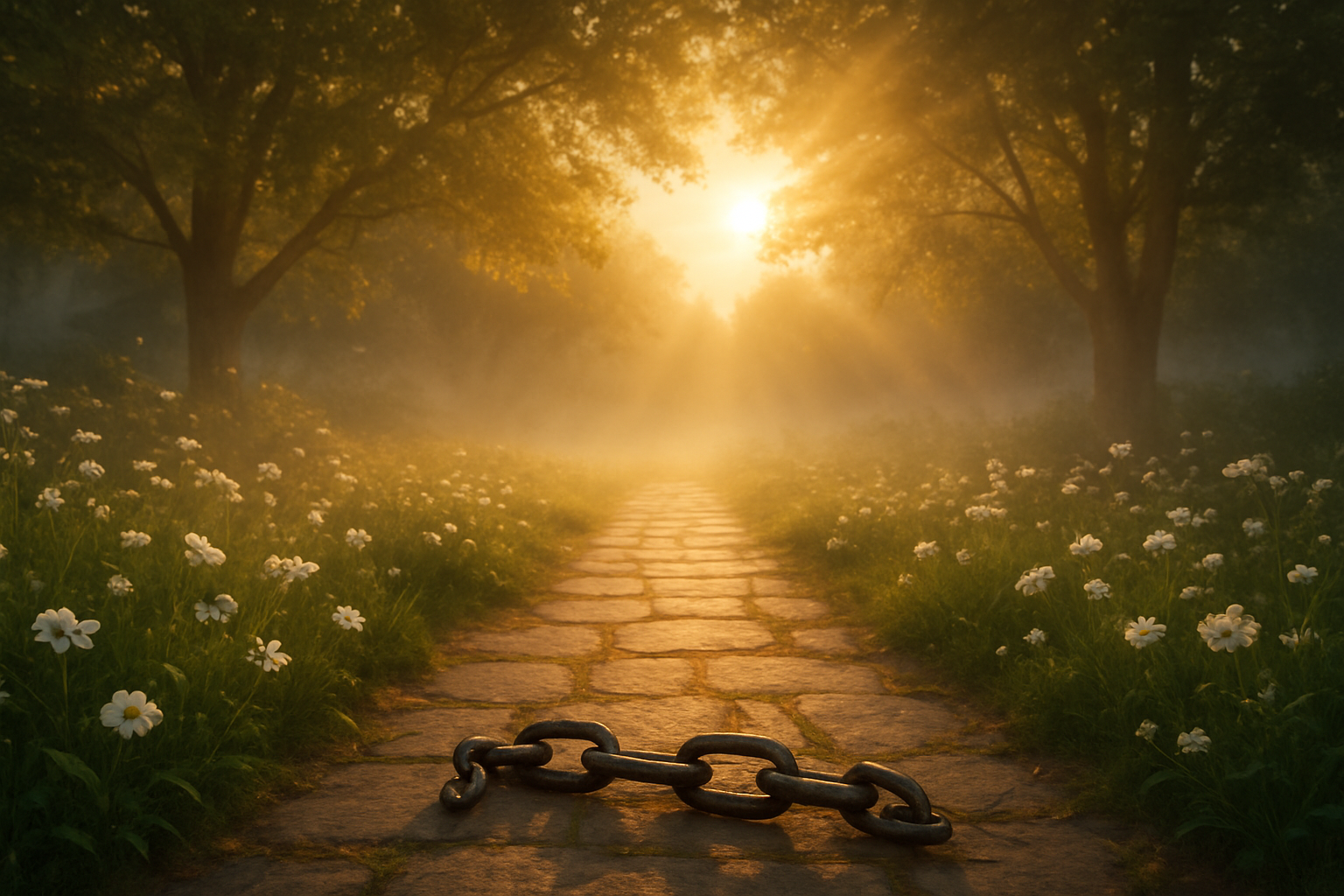 Create a realistic image of a peaceful garden scene with golden sunlight streaming through trees, illuminating a stone pathway that leads from darkness into bright light, with delicate white flowers blooming along the sides, broken chains lying discarded on the ground symbolizing freedom, soft morning mist creating an ethereal atmosphere, warm golden and soft blue color palette conveying hope and restoration, gentle rays of light breaking through clouds above, creating a sense of divine presence and healing transformation, absolutely NO text should be in the scene.