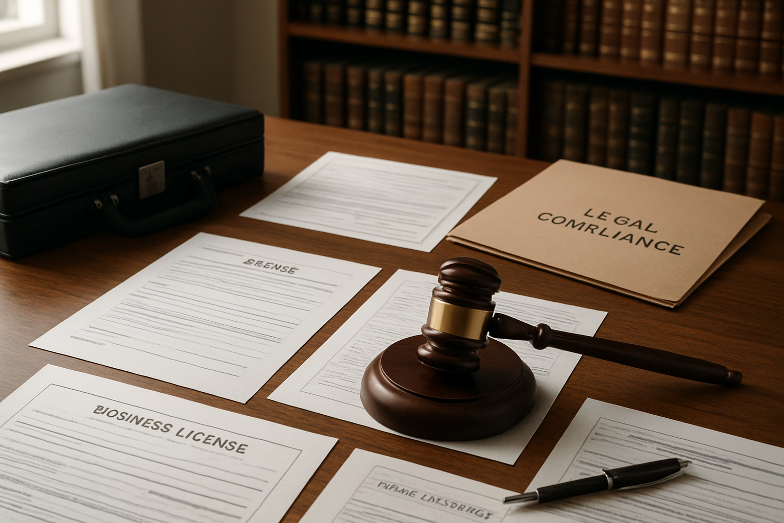 Create a realistic image of a professional office setting with legal documents, permits, and regulatory paperwork spread across a wooden desk, featuring a gavel, official government forms, a business license template, health department certificates, and legal compliance folders, with a briefcase and pen nearby, set in a well-lit office environment with bookshelves containing legal reference books in the background, conveying a serious and official business atmosphere. Absolutely NO text should be in the scene.