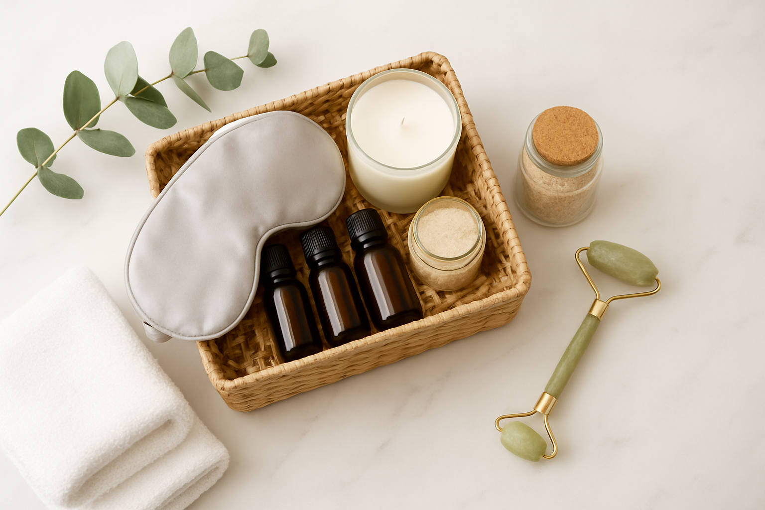 Create a realistic image of an elegant flat lay arrangement of self-care and wellness gifts including a luxurious spa gift basket with essential oils, scented candles, silk eye mask, jade facial roller, organic bath salts, soft white towels, and fresh eucalyptus sprigs, all artfully arranged on a clean white marble surface with soft natural lighting casting gentle shadows, creating a serene and peaceful spa-like atmosphere. Absolutely NO text should be in the scene.