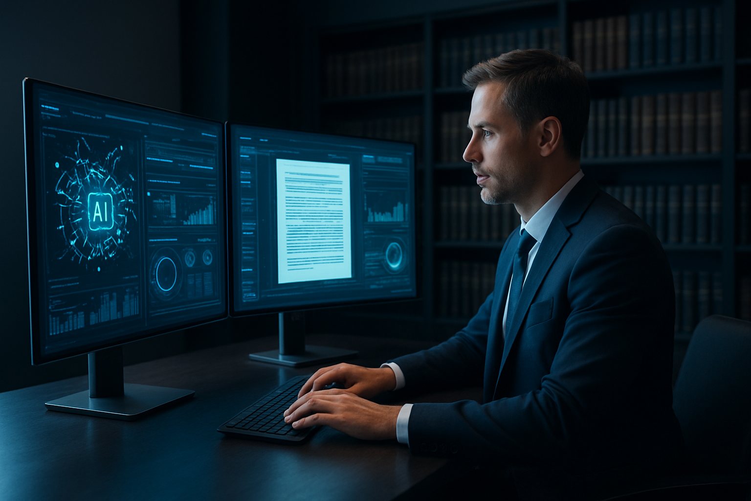Create a realistic image of a modern law office setting with a white male lawyer in a business suit sitting at a sleek desk, viewing multiple digital screens displaying AI interface dashboards, legal documents, and data analytics charts, with a subtle futuristic blue glow emanating from the screens, professional lighting illuminating the contemporary workspace with law books on shelves in the background, conveying innovation and technological advancement in legal practice, absolutely NO text should be in the scene.