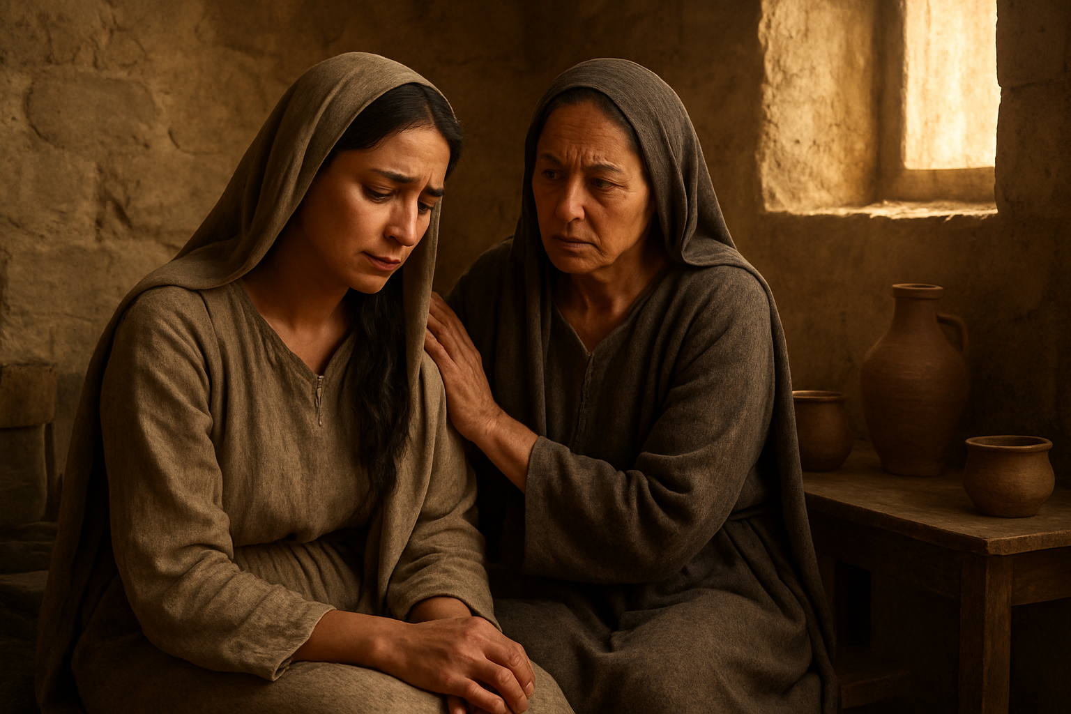 Create a realistic image of two Middle Eastern women in biblical-era clothing sitting together in a humble stone house interior, one woman with her hand gently placed on the other's shoulder in a comforting gesture, both with expressions of sorrow and contemplation, warm golden light filtering through a small window illuminating their faces, simple clay pottery and wooden furniture in the background, conveying a sense of shared grief and sisterly support in an ancient Palestinian setting, absolutely NO text should be in the scene.