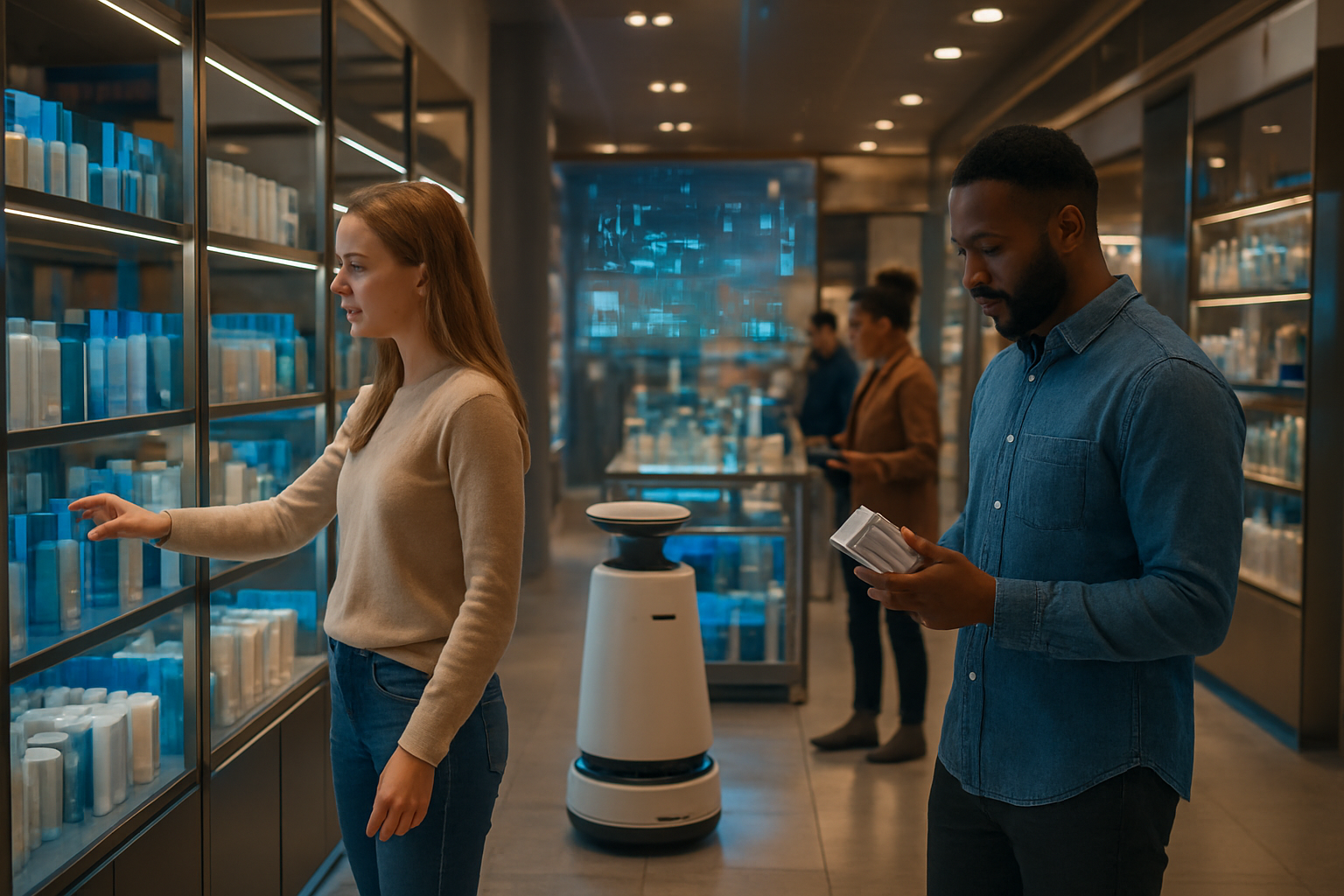 Create a realistic image of a modern retail store interior showcasing AI integration, featuring diverse customers including a white female and black male browsing products while digital screens display personalized recommendations, smart inventory robots moving between shelves, holographic data analytics floating above product displays, warm ambient lighting with blue accent lights highlighting the technology elements, sleek contemporary retail design with glass surfaces and metallic fixtures, creating an atmosphere of innovation and efficiency, absolutely NO text should be in the scene.