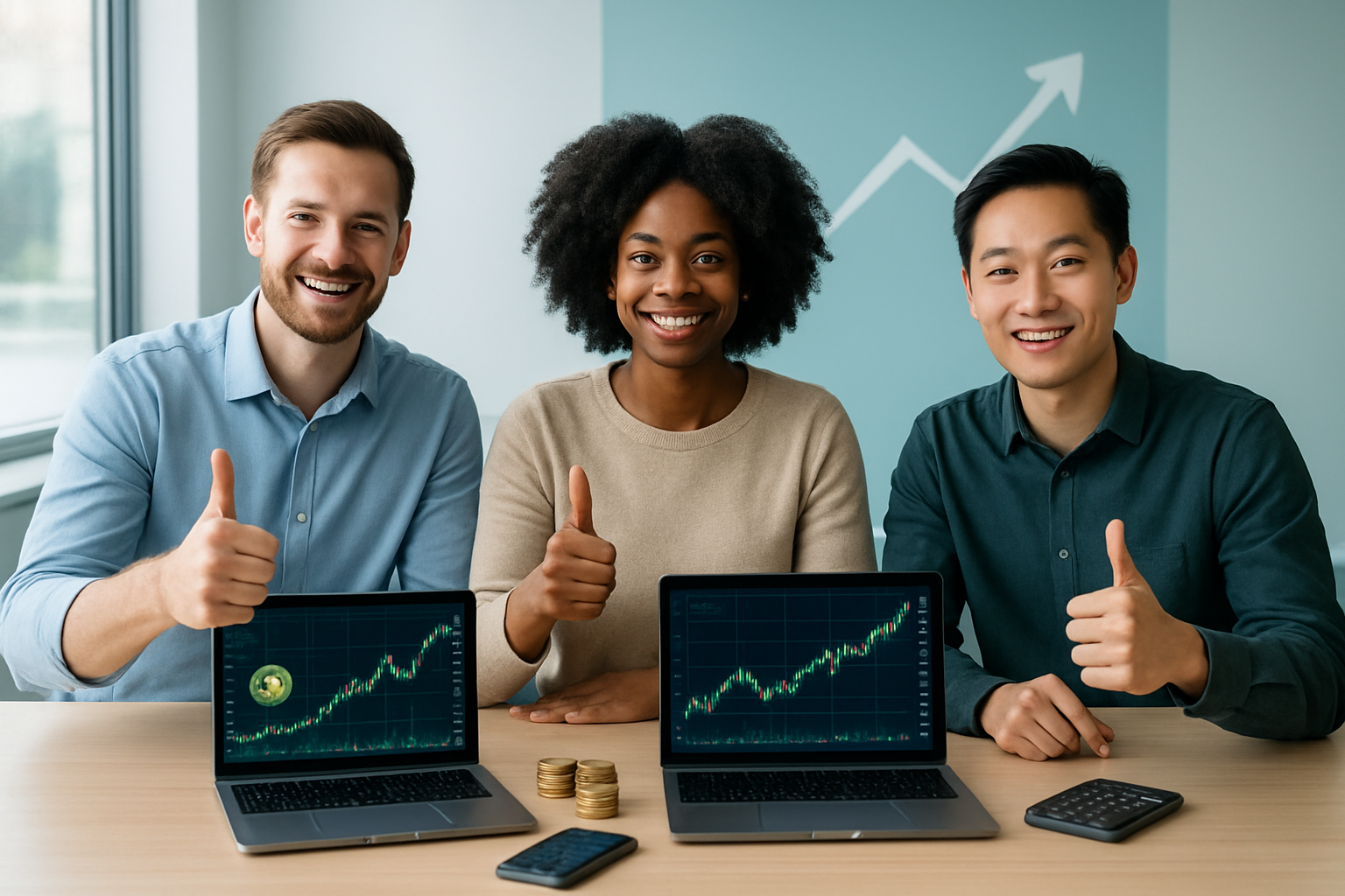 Create a realistic image of a diverse group of three people - one white male, one black female, and one Asian male - sitting around a modern desk with laptops and smartphones displaying cryptocurrency charts and trading interfaces, celebrating their investment success with satisfied smiles and thumbs up gestures, surrounded by subtle visual elements like upward trending arrow graphics, small piles of coins, and calculator, set in a bright contemporary office space with natural lighting streaming through large windows, conveying an atmosphere of achievement and financial growth, with a clean minimalist background featuring soft blue and green tones that suggest prosperity and stability, absolutely NO text should be in the scene.