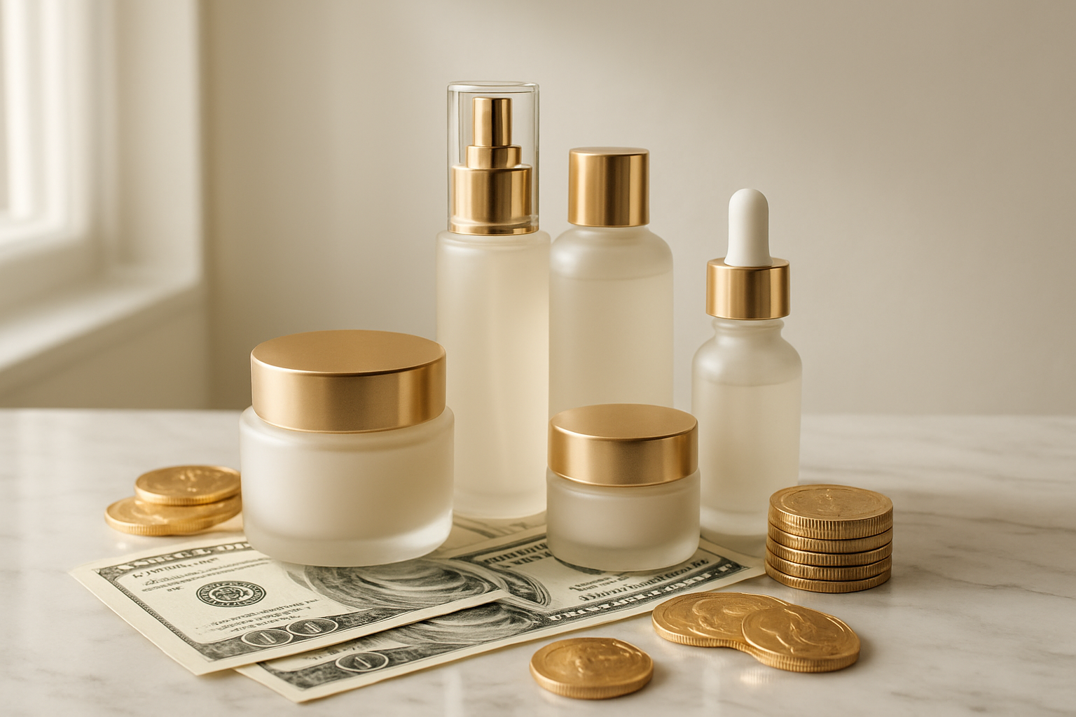 Create a realistic image of an elegant skincare products display on a marble vanity table with premium anti-aging creams, serums, and treatments in luxurious packaging, surrounded by gold coins and dollar bills to represent investment value, soft natural lighting from a nearby window, clean white background with subtle shadows, showcasing the concept of beauty as a worthwhile financial investment, absolutely NO text should be in the scene.