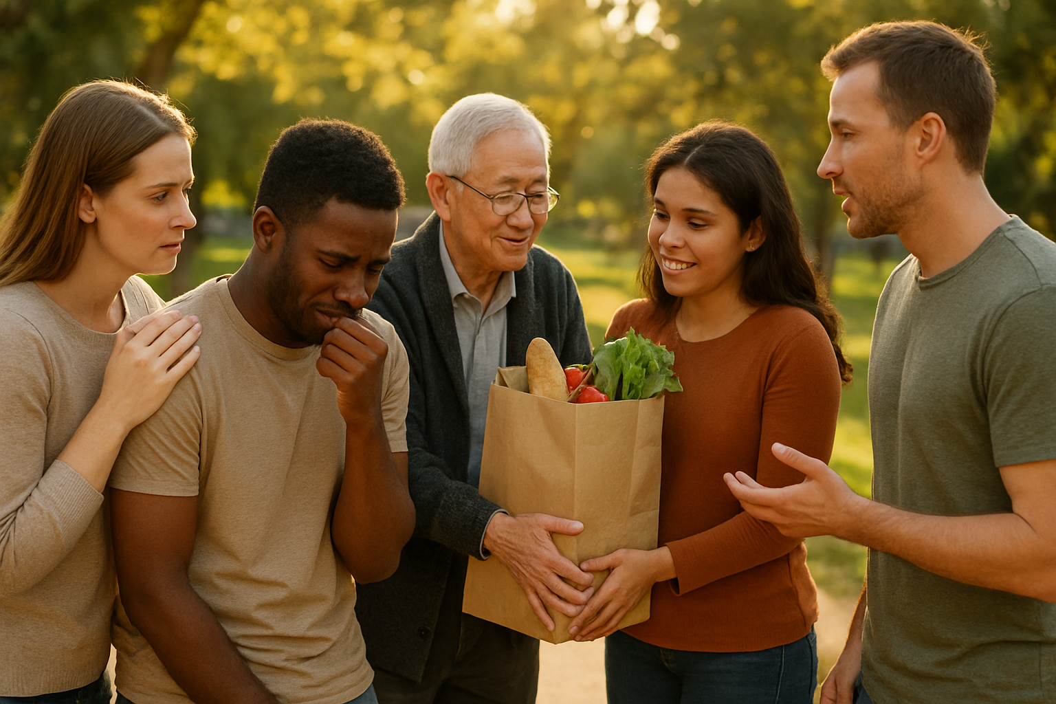 Create a realistic image of a diverse group of people showing acts of compassion and empathy: a white female gently comforting a crying black male by placing her hand on his shoulder, an elderly Asian male helping a young Hispanic female carry groceries, and a black female listening intently to a distressed white male, all set in a warm community park setting with soft golden hour lighting filtering through trees, creating a peaceful and caring atmosphere that conveys human connection and understanding, with people of different ages and backgrounds demonstrating genuine care for one another through body language and facial expressions of concern and kindness, absolutely NO text should be in the scene.