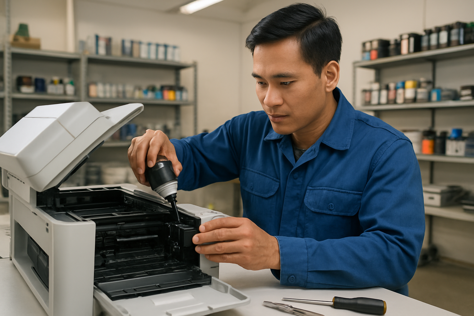 Create a realistic image of a professional Vietnamese male technician in his 30s wearing a blue work uniform refilling black ink into a modern multifunction printer in a well-lit repair shop, with shelves of ink cartridges and printer supplies visible in the background, clean white workspace with tools organized neatly, warm fluorescent lighting creating a professional atmosphere, the technician focused on his work with steady hands, printer opened showing internal components, atmosphere conveying trust and expertise in printer maintenance services, absolutely NO text should be in the scene.