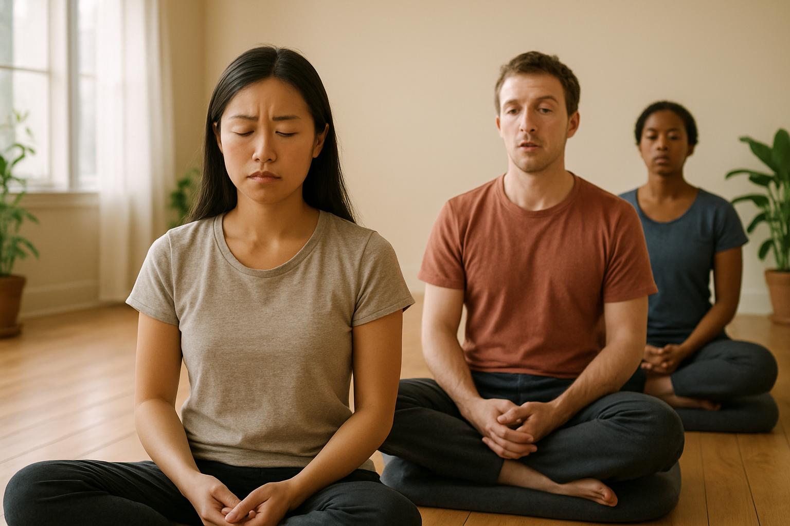 Create a realistic image of a diverse group of people sitting in meditation poses in a peaceful indoor space, with a serene Asian female in the foreground showing subtle signs of distraction like slightly furrowed brow and fidgeting hands, a white male in the middle ground appearing restless with one eye slightly open, and a black female in the background maintaining calm composure, all seated on meditation cushions on a wooden floor with soft natural lighting streaming through large windows, houseplants in the corners, and a warm, supportive atmosphere that conveys the natural challenges beginners face during meditation practice, absolutely NO text should be in the scene.