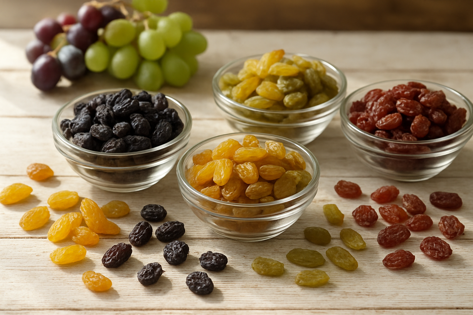 Create a realistic image of various types and varieties of raisins artfully arranged on a clean white wooden surface, showing golden raisins, dark purple raisins, green raisins, and red raisins in separate small glass bowls and scattered around them, with some fresh grapes in the background to show the connection, natural daylight streaming from the side creating soft shadows, rustic kitchen setting with warm and inviting atmosphere, absolutely NO text should be in the scene.