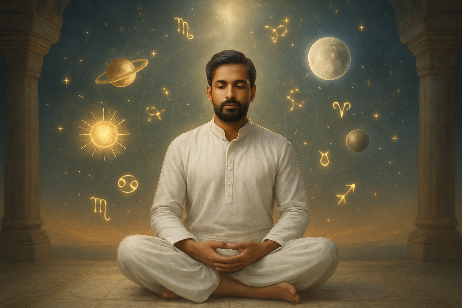 உச்சம் vs நீச்சம்: எது உங்கள் வாழ்க்கையை மாற்றும்? Create a realistic image of a serene South Asian male astrologer in traditional white clothing sitting cross-legged in meditation pose on a marble platform, surrounded by floating celestial symbols including planets, stars, and zodiac signs glowing softly in golden and silver light, with a cosmic background featuring a gradient from deep blue night sky to warm golden sunrise representing the balance between highs and lows, ancient Sanskrit astrological charts and geometric patterns subtly visible in the ethereal atmosphere, peaceful temple pillars framing the sides, soft divine light emanating from above creating a spiritual and contemplative mood that symbolizes the conclusion of astrological wisdom and life transformation, absolutely NO text should be in the scene.