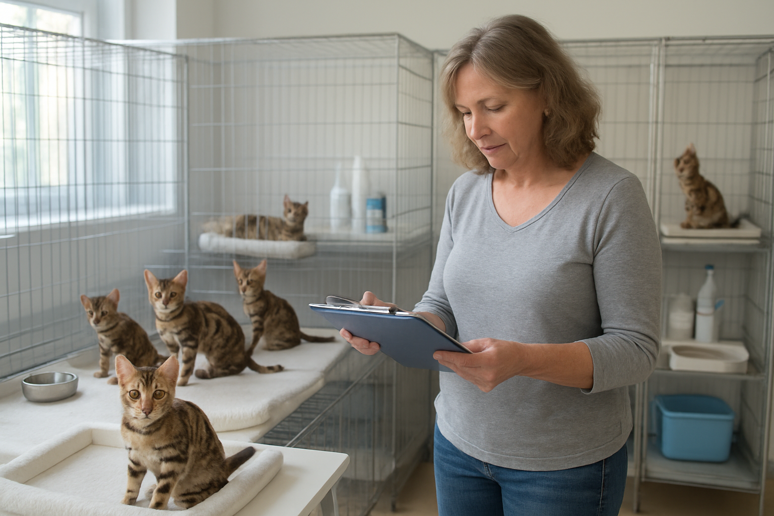 Create a realistic image of a professional Bengal cat breeding facility interior showing multiple Bengal kittens with distinctive spotted and marbled coats in clean, spacious enclosures, with a middle-aged white female breeder in casual clothing gently examining a Bengal kitten's health certificate and vaccination records on a clipboard, surrounded by proper breeding equipment like clean feeding bowls, comfortable bedding, and veterinary supplies, with bright natural lighting from large windows creating a clean and professional atmosphere that emphasizes health standards and proper care protocols, absolutely NO text should be in the scene.