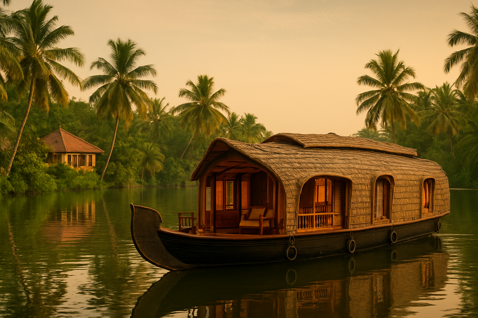 realistic image of a serene and luxurious Kerala houseboat floating on the calm backwaters, surrounded by lush green palm trees and tropical vegetation, with a traditional wooden interior visible through open doors, warm golden hour lighting reflecting on the still water, a cozy and inviting atmosphere showcasing authentic Kerala architecture, complemented by a glimpse of a boutique resort or heritage homestay nestled among the greenery in the background, evoking a peaceful and exotic tropical retreat. Absolutely NO text should be in the scene.
