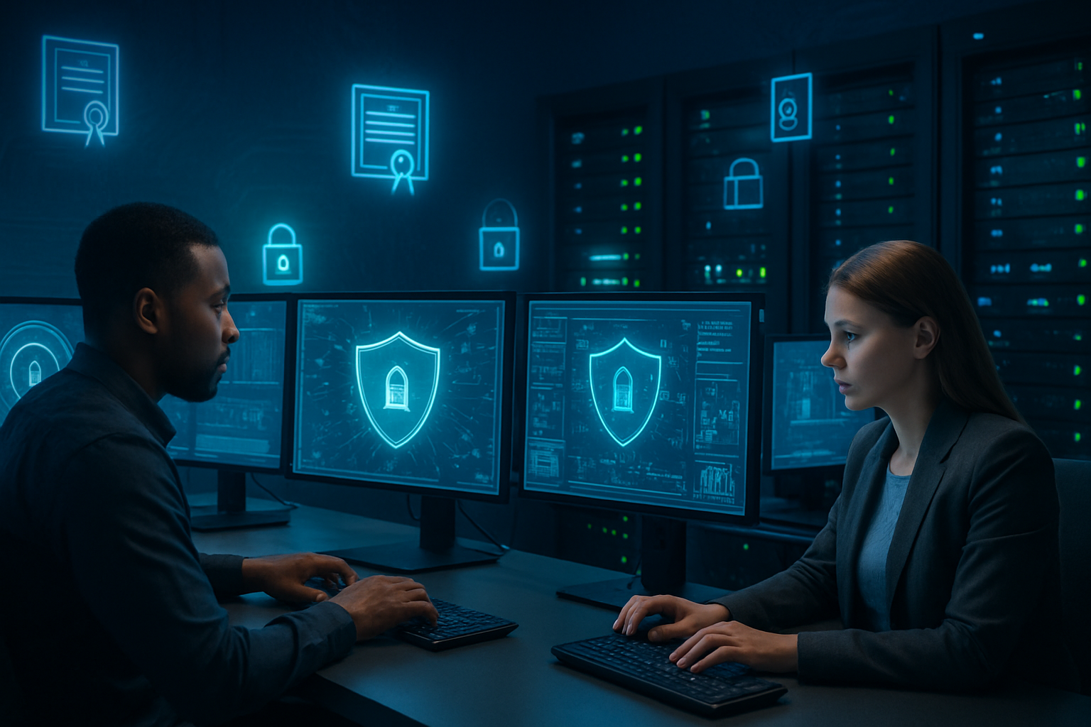 Create a realistic image of a modern cybersecurity control room with multiple computer monitors displaying network security dashboards, digital shield icons, encrypted data streams, and security analytics graphs, featuring a diverse team of cybersecurity professionals including a black male security analyst and a white female network administrator working at their workstations, surrounded by server racks with glowing LED indicators, floating holographic lock symbols and security certificates in the air, set against a dark blue technological background with subtle circuit board patterns, illuminated by cool blue and green LED lighting that creates a secure and high-tech atmosphere, absolutely NO text should be in the scene.