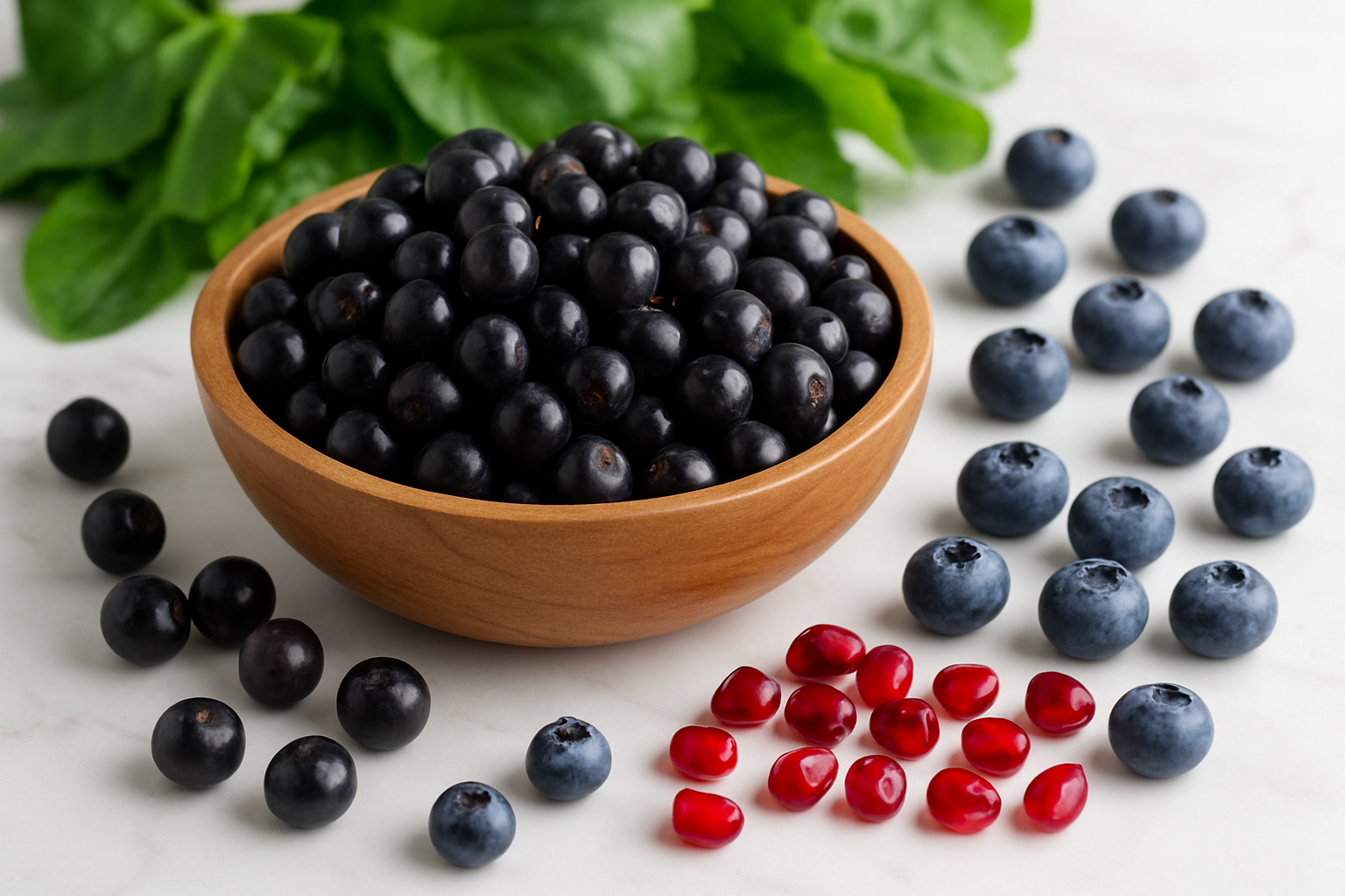 Create a realistic image of fresh dark purple chokeberries (aronia berries) arranged in a wooden bowl with some berries scattered around, alongside colorful fresh fruits like blueberries and pomegranate seeds, with green leafy vegetables in the background, all displayed on a clean white marble countertop in bright natural lighting that emphasizes the vibrant colors and nutritional richness of the superfoods, absolutely NO text should be in the scene.