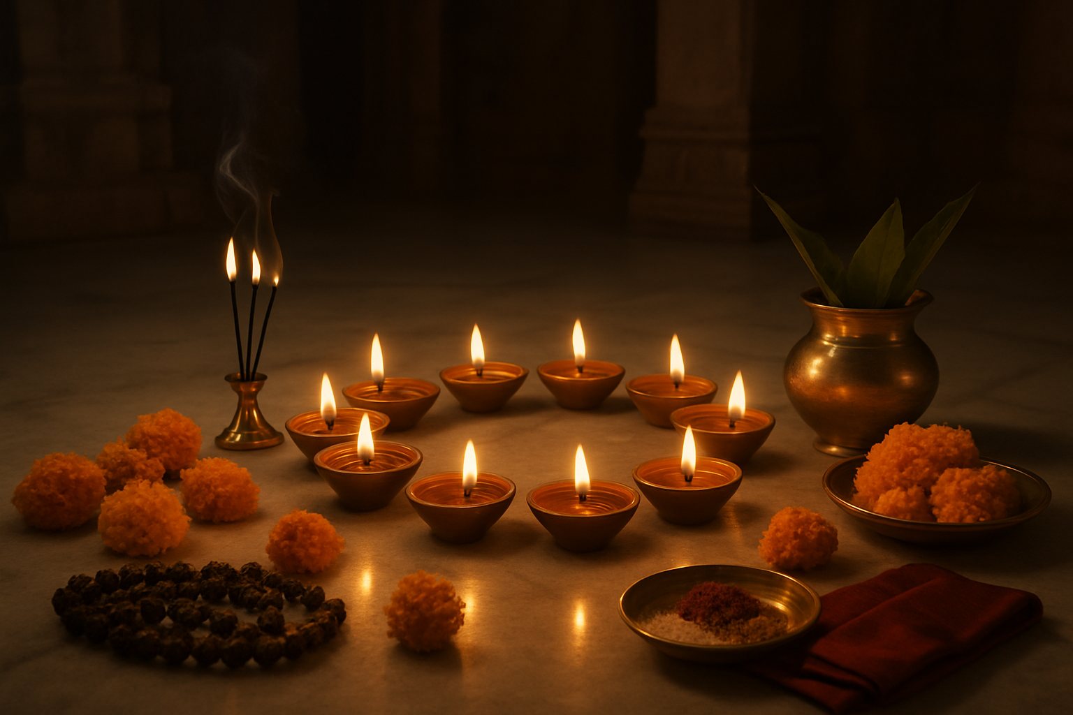 Create a realistic image of a serene temple interior with warm golden lighting, featuring traditional Indian oil lamps (diyas) arranged in a ceremonial pattern, fresh marigold flowers scattered around brass vessels, incense sticks burning with gentle smoke, rudraksha beads placed on a silk cloth, a small brass kalash (water pot) with mango leaves, and traditional puja items like kumkum and rice grains in small bowls, all arranged on a clean marble floor with soft shadows cast by the flickering flames, creating a peaceful spiritual atmosphere for remedial rituals and worship practices, absolutely NO text should be in the scene.