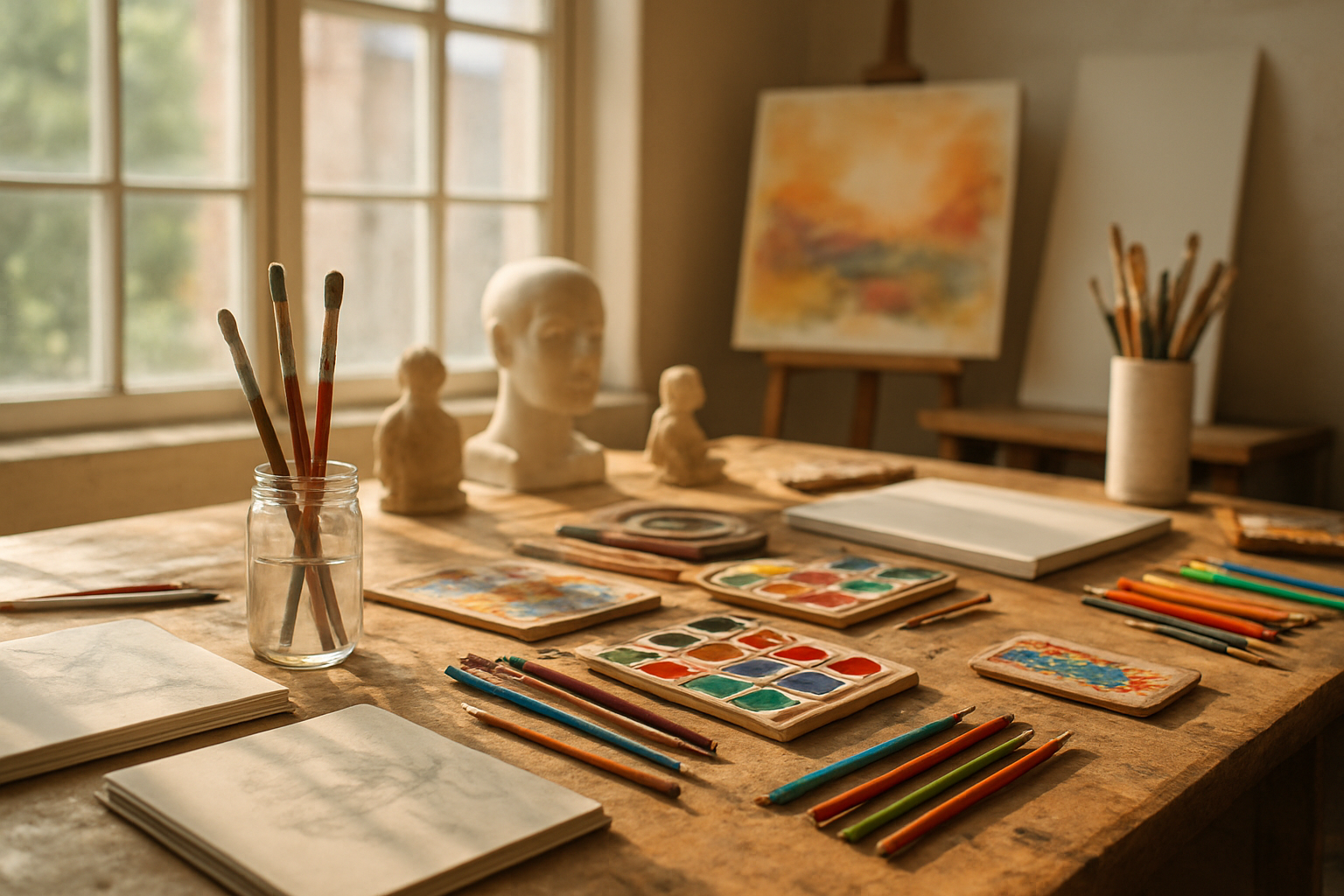 Create a realistic image of a bright, inspiring art studio space with various creative supplies scattered across a wooden table including paintbrushes, watercolor palettes, sketchbooks, colored pencils, clay sculptures, and canvases, with natural sunlight streaming through large windows creating warm, inviting lighting that highlights the artistic materials and creates a motivating atmosphere for creative exploration, absolutely NO text should be in the scene.