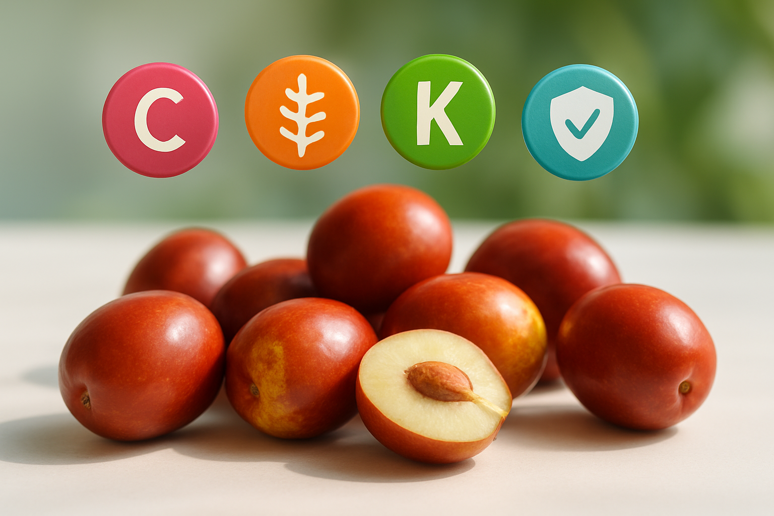 Create a realistic image of fresh jujube fruits arranged on a clean white surface with colorful vitamin and mineral icons floating above them, including vitamin C, fiber, potassium, and antioxidant symbols, with a soft natural lighting from the side creating gentle shadows, and a blurred background of green leaves, emphasizing the health and nutritional aspects of the fruit. Absolutely NO text should be in the scene.