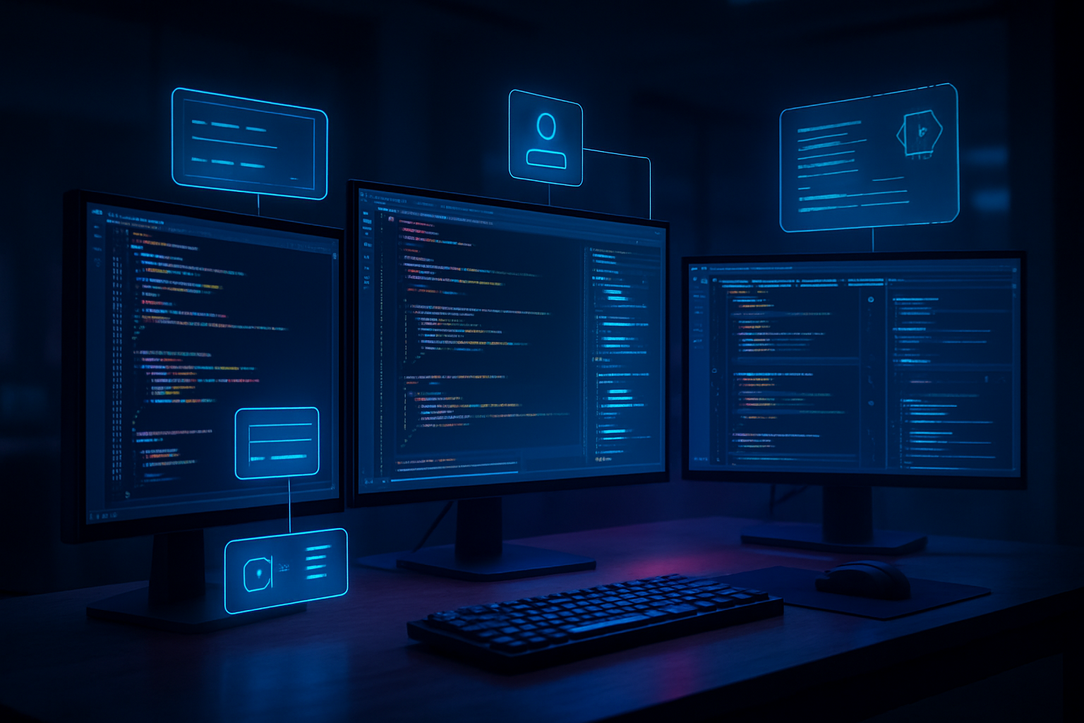 Create a realistic image of a modern software development workspace featuring multiple computer monitors displaying code editors with AI-powered features like auto-completion suggestions, code refactoring tools, and intelligent debugging interfaces, showing a sleek desktop setup with glowing blue and purple accent lighting that highlights the advanced technology, include floating holographic-style UI elements around the screens suggesting AI assistance and automation, set against a dark professional office environment with subtle ambient lighting that creates a futuristic atmosphere emphasizing technological innovation and workflow transformation, Absolutely NO text should be in the scene.
