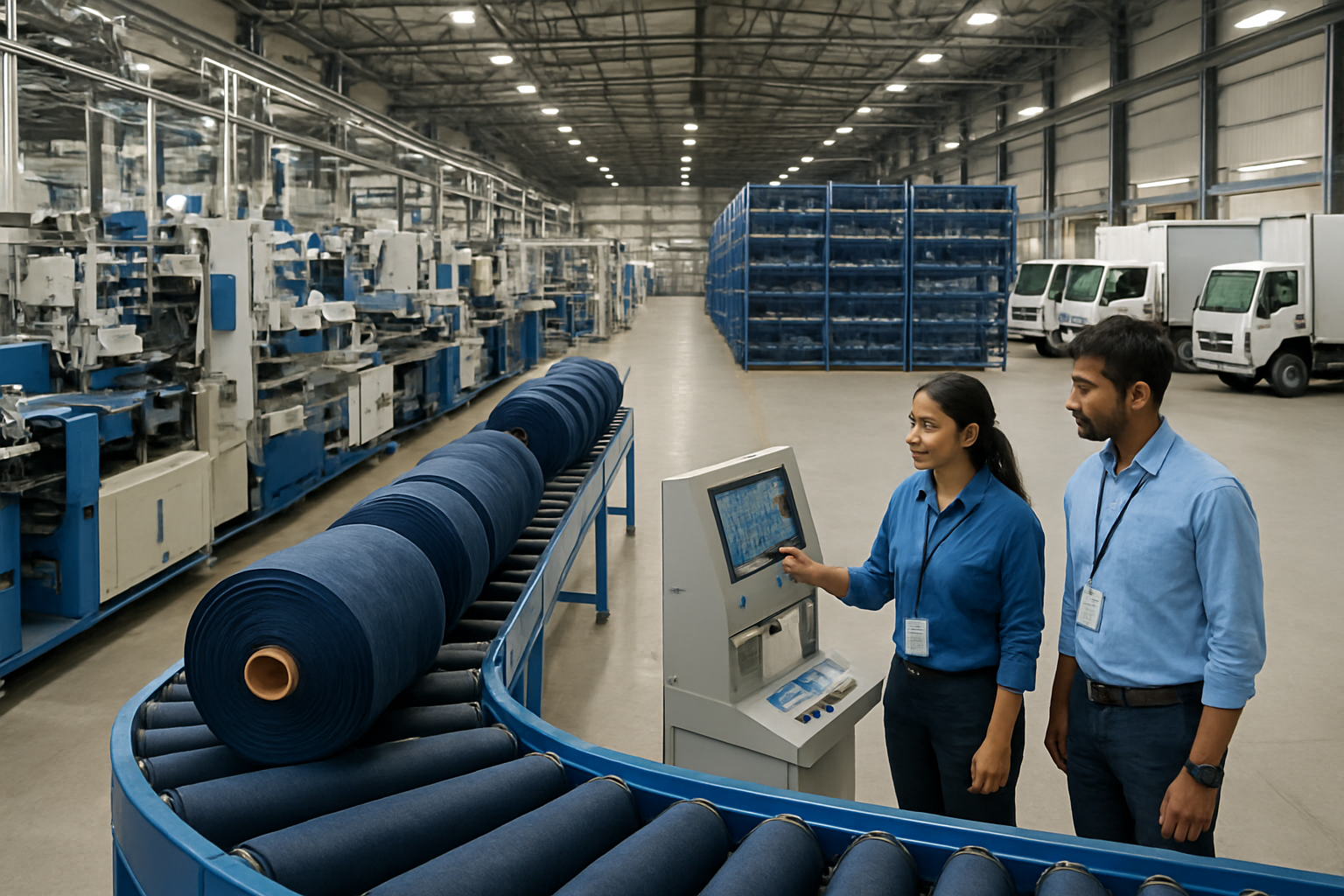 Create a realistic image of a modern textile manufacturing facility in India showing strategic supply chain operations with automated conveyor systems transporting denim fabric rolls, advanced machinery for jean production, organized warehouse sections with neatly stacked premium denim inventory, logistics trucks being loaded at shipping docks, and Indian male and female workers in professional attire monitoring digital control panels, set against a backdrop of efficient industrial infrastructure with good lighting highlighting the streamlined workflow and technological advancement. Absolutely NO text should be in the scene.