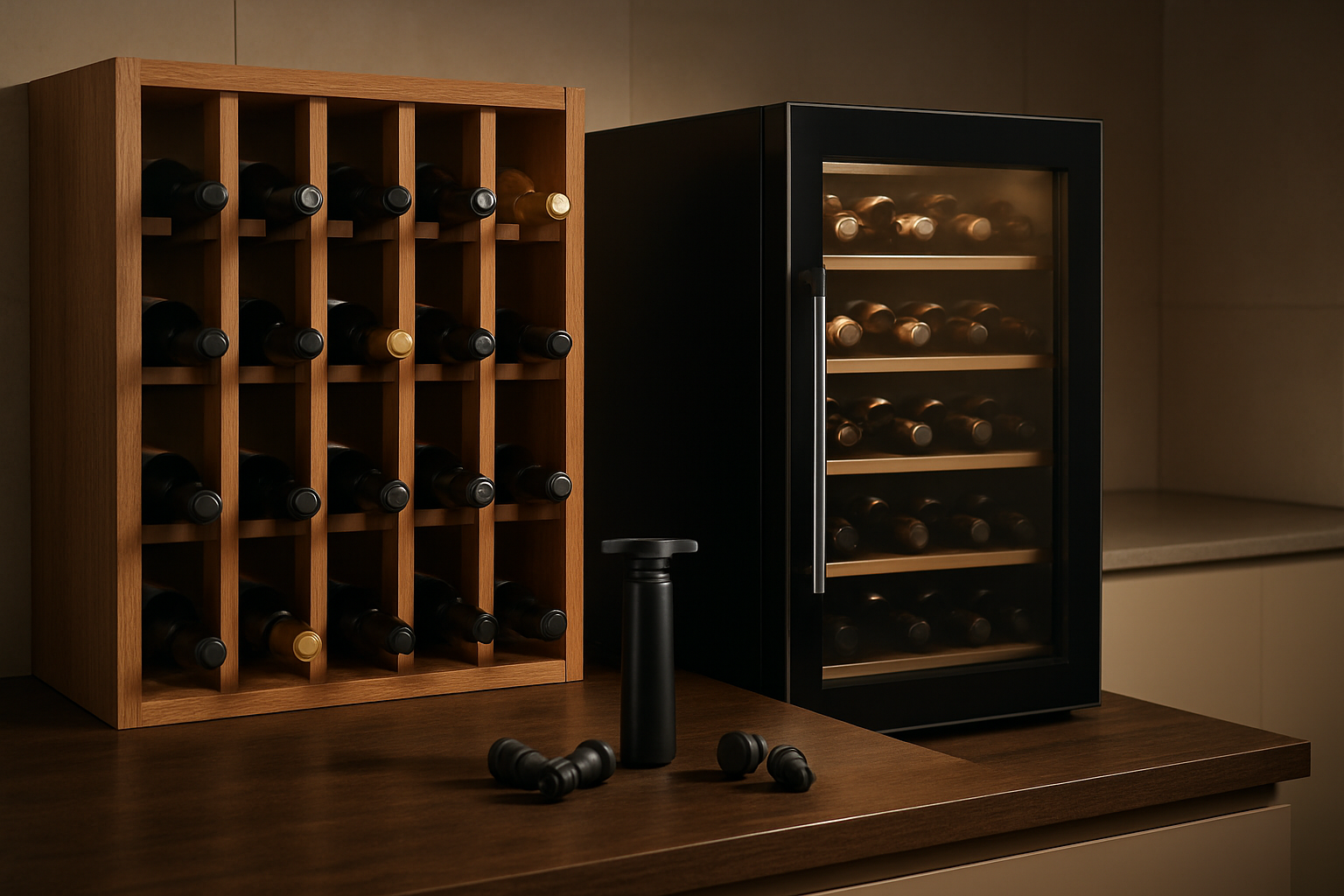 Best Wine Gifts Under $50 (2026 Guide) Create a realistic image of a modern wine storage display featuring a wooden wine rack with multiple bottles of red and white wine, a sleek wine refrigerator with glass door showing organized wine bottles inside, wine preservation tools including a vacuum pump and wine stoppers scattered on a dark wooden table, soft ambient lighting creating warm shadows, clean kitchen or cellar background with neutral tones, professional product photography style lighting, absolutely NO text should be in the scene.