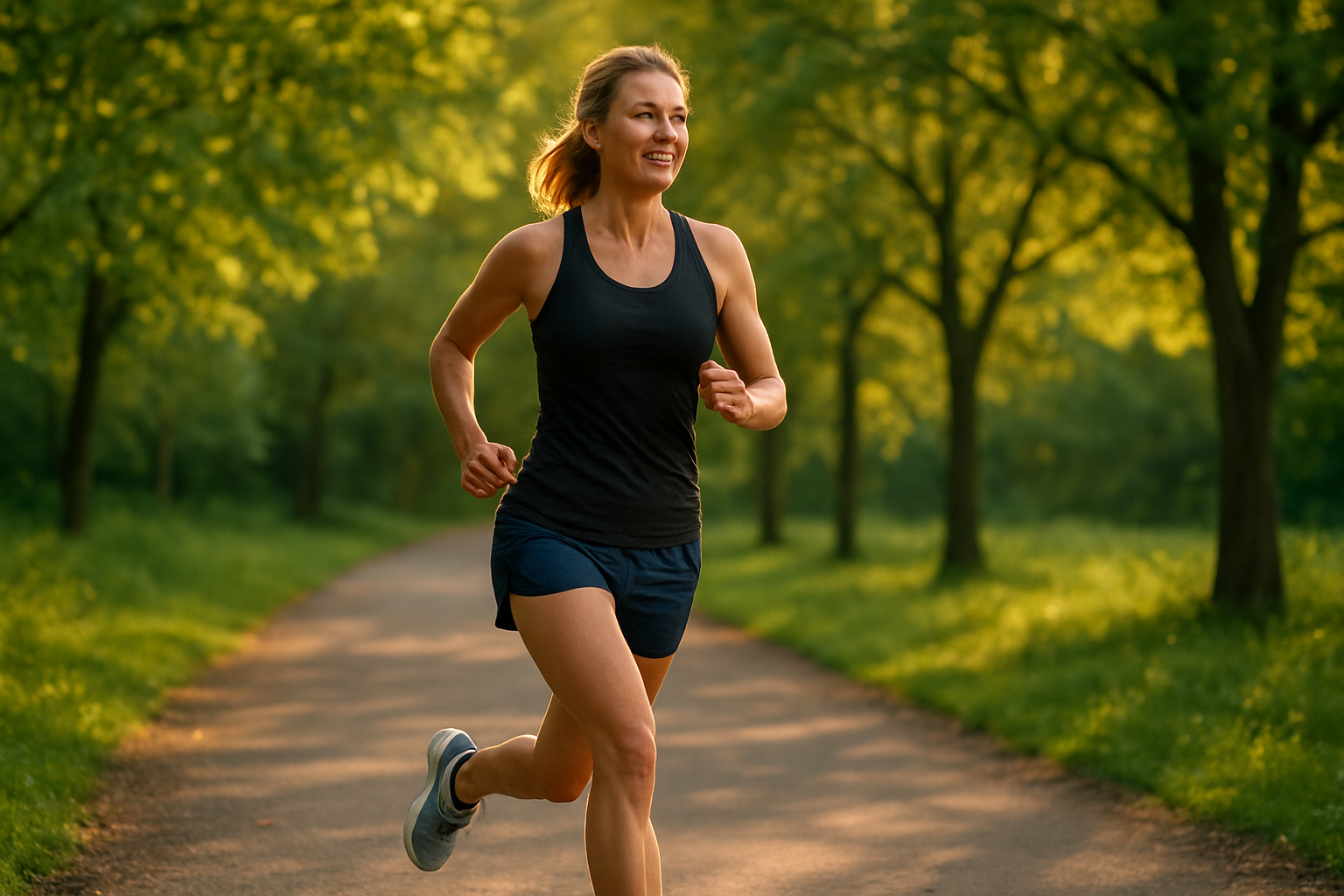 Create a realistic image of a fit middle-aged white female runner in her 40s jogging on a scenic tree-lined path during golden hour, wearing modern athletic wear and running shoes, with vibrant green foliage in the background, soft warm lighting filtering through trees, showing her energetic and youthful stride with a confident expression, capturing the essence of vitality and health, with a peaceful park or nature trail setting that conveys wellness and rejuvenation, absolutely NO text should be in the scene.