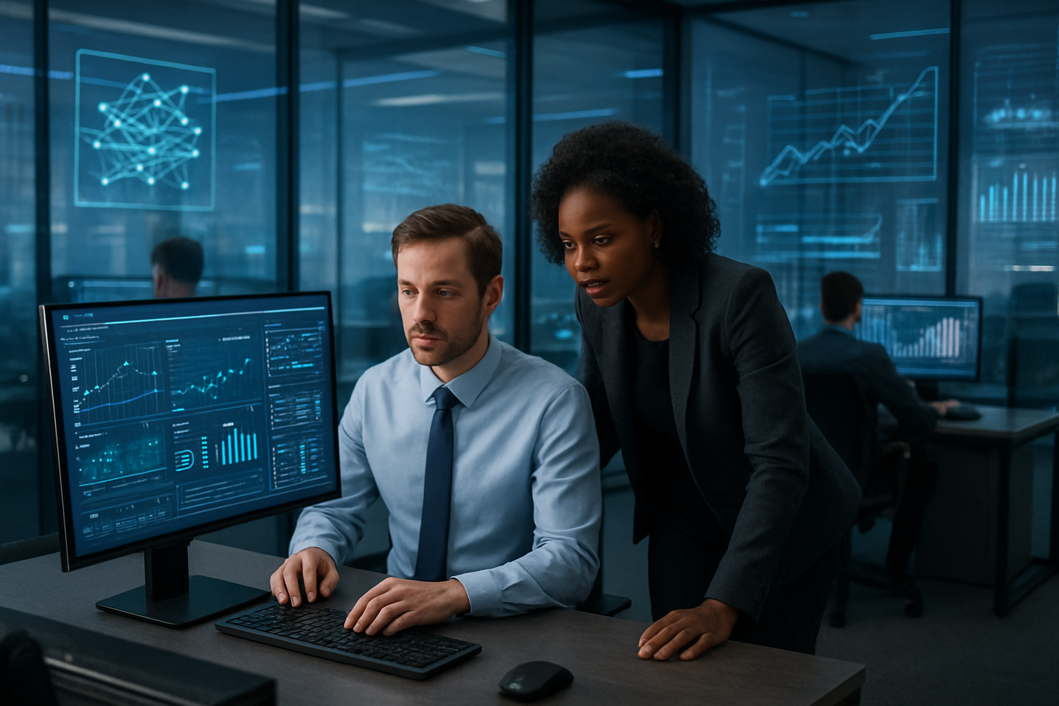 Create a realistic image of a modern financial office environment with multiple computer workstations displaying AI-powered dashboards, neural network visualizations, and financial data analytics on large monitors, featuring a diverse group of professionals including a white male financial analyst and a black female data scientist working collaboratively at desks with advanced technology, surrounded by glass walls with subtle blue LED lighting creating a sophisticated tech-forward atmosphere, with floating holographic-style data visualizations and algorithmic charts in the background suggesting artificial intelligence integration in finance, absolutely NO text should be in the scene.