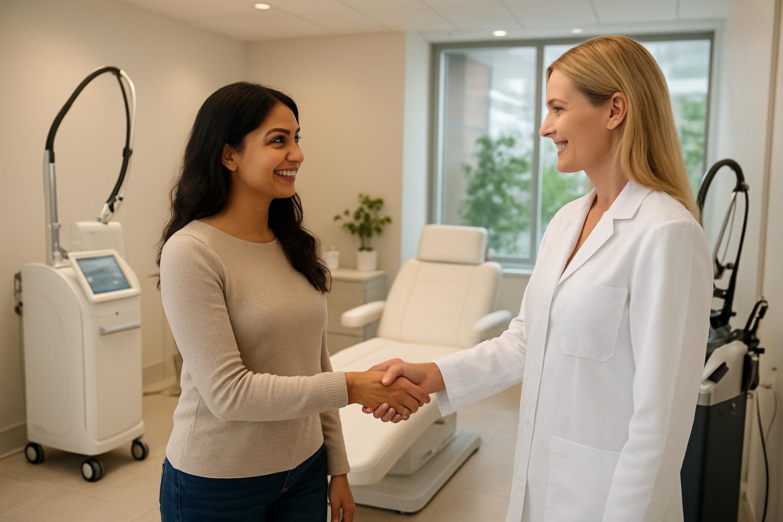 Create a realistic image of a modern, upscale dermatology clinic interior featuring a satisfied South Asian female patient shaking hands with a professional white female dermatologist in a white coat, surrounded by state-of-the-art skincare equipment including laser devices and consultation chairs, with sleek contemporary furnishing, soft ambient lighting, clean white and cream color palette, large windows allowing natural light, and subtle greenery in the background creating a premium healthcare atmosphere. Absolutely NO text should be in the scene.