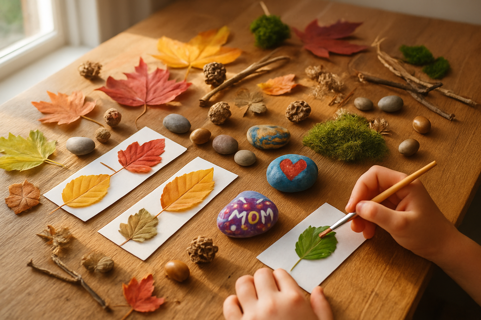 Create a realistic image of a wooden table covered with various nature-based craft materials including colorful fallen leaves, small pinecones, smooth river stones, dried flowers, twigs, acorns, and moss, with some partially completed Mother's Day crafts like leaf-pressed bookmarks and painted rock decorations, set in a bright indoor space with natural sunlight streaming through a nearby window, creating a warm and creative crafting atmosphere. Absolutely NO text should be in the scene.