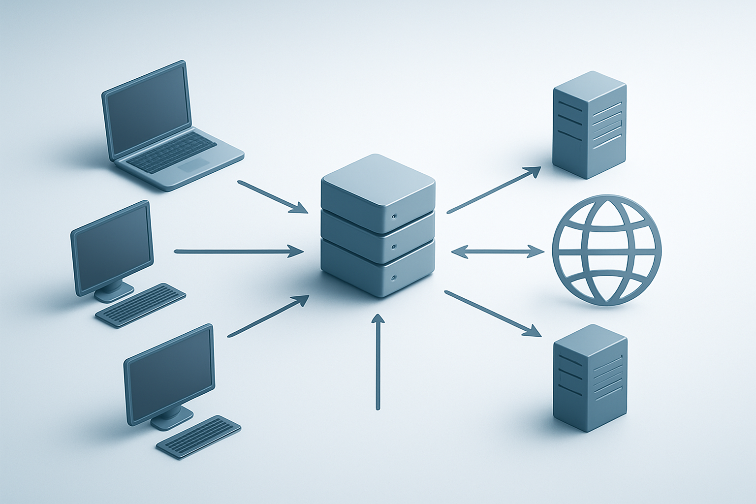 Create a realistic image of a modern network diagram showing a forward proxy server positioned between multiple client devices (laptops and desktop computers) on the left side and web servers on the right side, with arrows indicating data flow from clients through the proxy to the internet, set against a clean technical background with subtle blue and white colors, professional lighting that emphasizes the network connectivity concept, showing the proxy as a central gateway device that forwards client requests to external servers while maintaining client anonymity, absolutely NO text should be in the scene.
