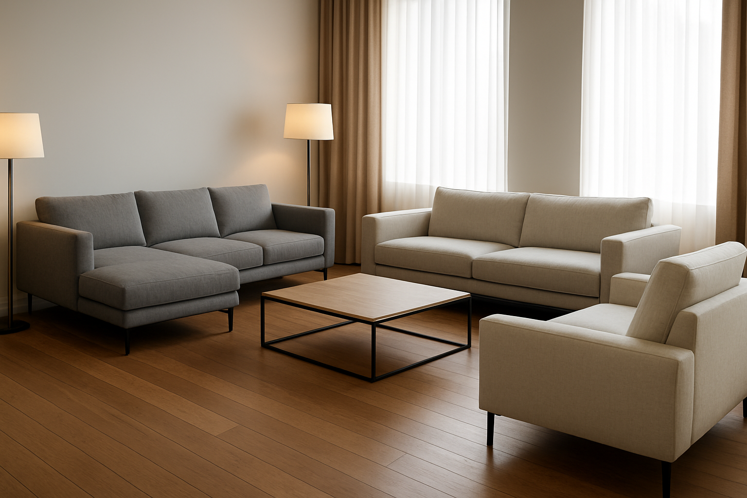 Create a realistic image of a modern living room interior showcasing various contemporary sofa options, featuring sleek sectional sofas in neutral colors like gray, beige, and white, positioned on a polished hardwood floor with a minimalist coffee table, soft ambient lighting from floor lamps and natural window light, clean architectural lines, and a sophisticated color palette that emphasizes the modern furniture design aesthetic, with beautiful curtains visible in the background framing large windows, absolutely NO text should be in the scene.