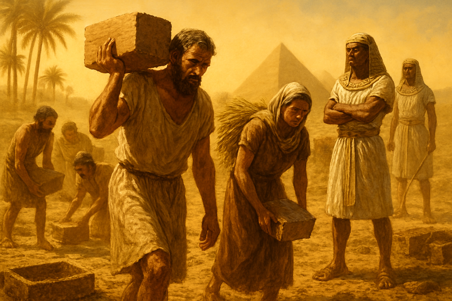 Create a realistic image of ancient Egyptian brick-making site with Hebrew slaves working under harsh desert sun, showing Middle Eastern men and women of Hebrew ethnicity carrying clay bricks and straw, Egyptian overseers in traditional garments supervising the work, dusty desert landscape with palm trees in background, pyramids visible in distance, intense golden sunlight creating harsh shadows, atmosphere of oppression and hardship, workers appearing weary but resilient, clay pits and brick-making tools scattered around the scene, Absolutely NO text should be in the scene.