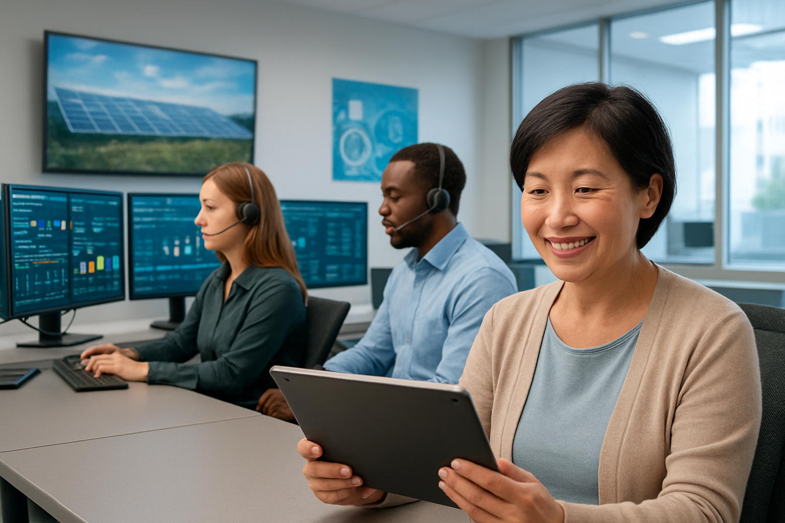 Create a realistic image of a modern energy utility customer service center with a diverse team of customer service representatives including a white female and black male agent working at sleek digital workstations with multiple monitors displaying colorful data dashboards and AI analytics interfaces, while in the foreground a satisfied middle-aged Asian female customer receives assistance via video call on a tablet device, with the background showing a bright, contemporary office environment with large windows, clean lighting, and subtle energy-themed elements like solar panel imagery on wall displays, conveying efficiency and technological innovation in customer service delivery, absolutely NO text should be in the scene.