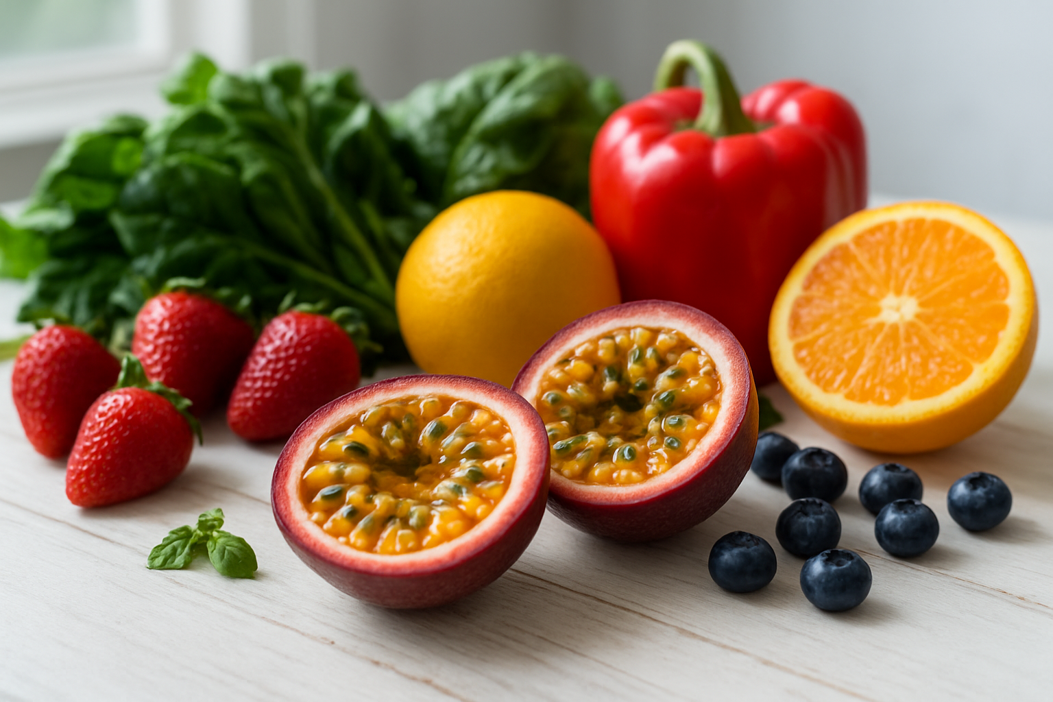Create a realistic image of fresh passion fruits cut in half displaying their vibrant orange pulp with black seeds, arranged alongside colorful fresh vegetables and fruits like leafy greens, berries, and citrus fruits on a clean white wooden table, with soft natural lighting from a window creating gentle shadows, emphasizing the nutritious and healthy qualities of the produce in a bright, fresh kitchen setting, absolutely NO text should be in the scene.