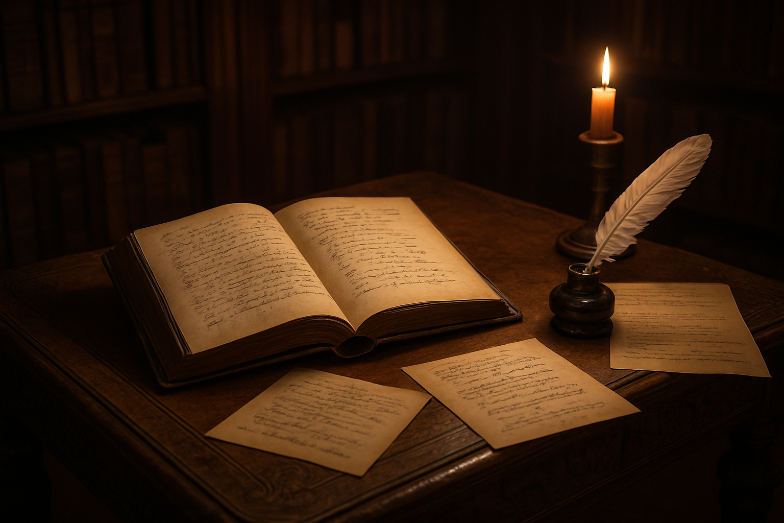 Create a realistic image of an elegant antique writing desk with ornate carved details, featuring an open leather-bound book displaying handwritten French poetry with visible verse structures and rhyme schemes, a classical white feather quill pen resting beside an inkwell, scattered parchment papers with poetic notations and meter markings, all set in a dimly lit 17th-century French study with warm candlelight casting soft shadows, wooden bookshelves filled with classical literature volumes in the background, creating an atmosphere of literary scholarship and poetic analysis, absolutely NO text should be in the scene.