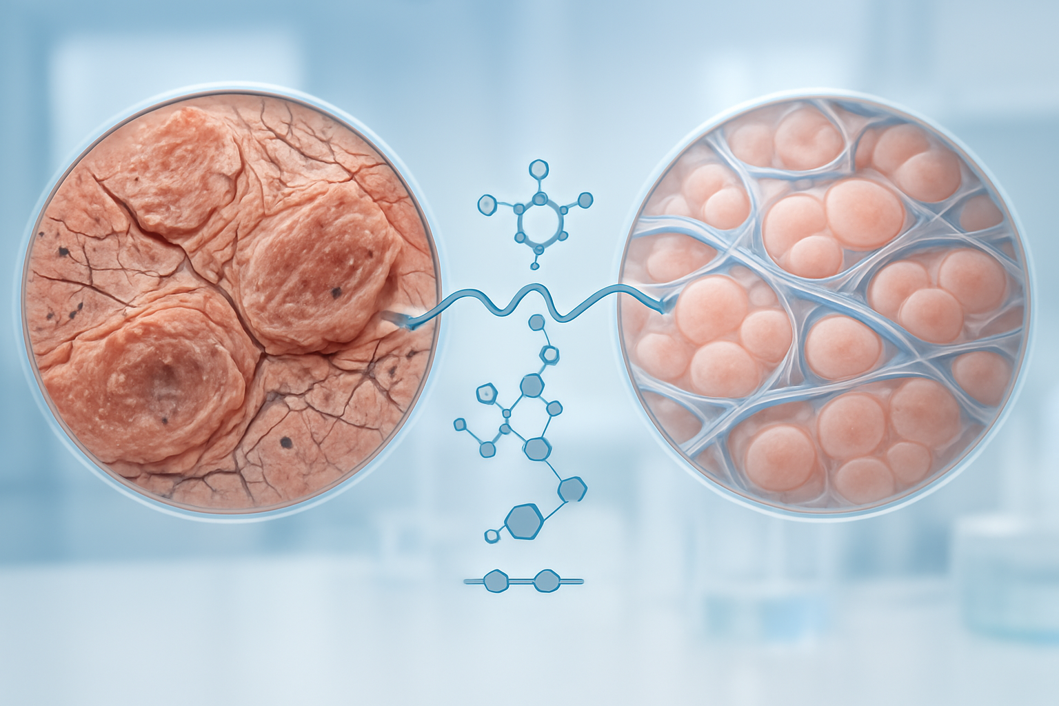 Create a realistic image of a split-screen scientific comparison showing cellular aging processes, with the left side displaying aged, wrinkled skin cells under a microscope with damaged collagen fibers and oxidative stress markers, and the right side showing healthy, youthful skin cells with intact collagen structure and vibrant cellular activity, connected by flowing insulin molecule diagrams and glucose pathways in the center, set against a clean laboratory background with soft blue and white lighting that emphasizes the scientific nature of the comparison, absolutely NO text should be in the scene.
