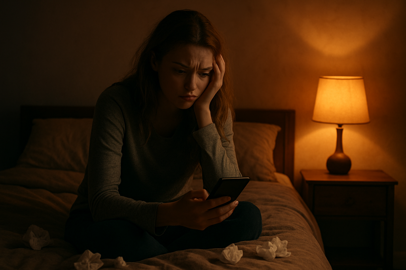 Create a realistic image of a young white female sitting alone on a bed in a dimly lit bedroom, looking contemplative and conflicted while holding a smartphone, with scattered tissues nearby, warm amber lighting from a bedside lamp casting soft shadows, creating a melancholic atmosphere that conveys emotional struggle and introspection, absolutely NO text should be in the scene.