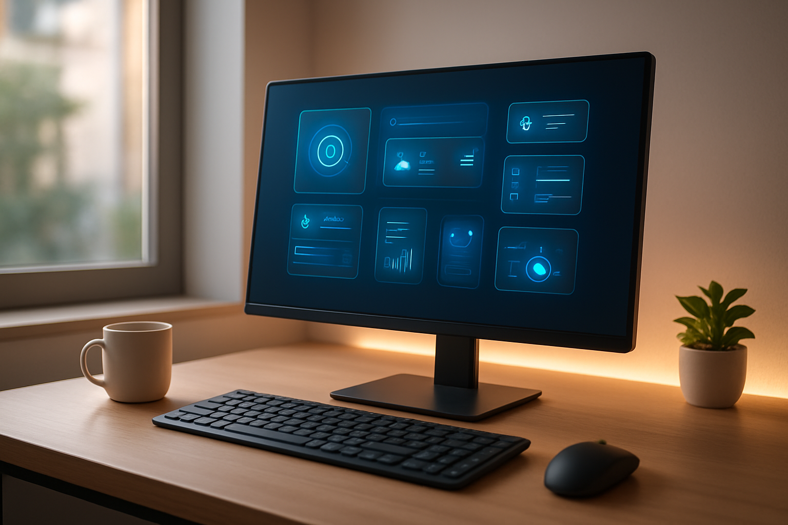 Create a realistic image of a modern desktop computer setup with a sleek monitor displaying a personalized AI interface with adaptive widgets, floating holographic elements, and intuitive icons customized to user preferences, featuring a clean minimalist workspace with ambient LED lighting, ergonomic keyboard and mouse, a few personal items like a coffee cup and small plant, warm natural lighting from a window, conveying innovation and seamless human-computer interaction, absolutely NO text should be in the scene.