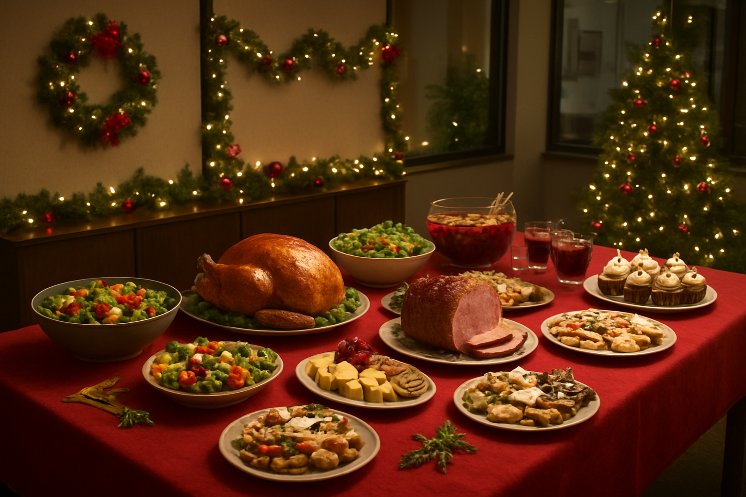Create a realistic image of an elegant office Christmas party buffet table featuring a variety of delicious foods including roasted turkey, glazed ham, colorful salads, appetizer platters with cheese and crackers, holiday cookies, festive desserts, and seasonal drinks in a warmly lit office space decorated with Christmas ornaments, garland, and twinkling lights, with the table covered in a festive red tablecloth and surrounded by holiday decorations creating a cozy and inviting atmosphere, absolutely NO text should be in the scene.