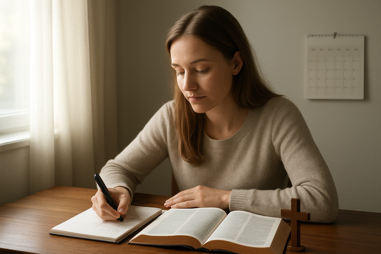 Create a realistic image of a peaceful indoor scene with a white female sitting at a wooden desk with an open Bible, a notebook with handwritten goals, and a pen, surrounded by soft natural lighting from a nearby window, with a small cross on the desk and a calendar showing January in the background, conveying a serene and contemplative atmosphere of spiritual reflection and planning, absolutely NO text should be in the scene.