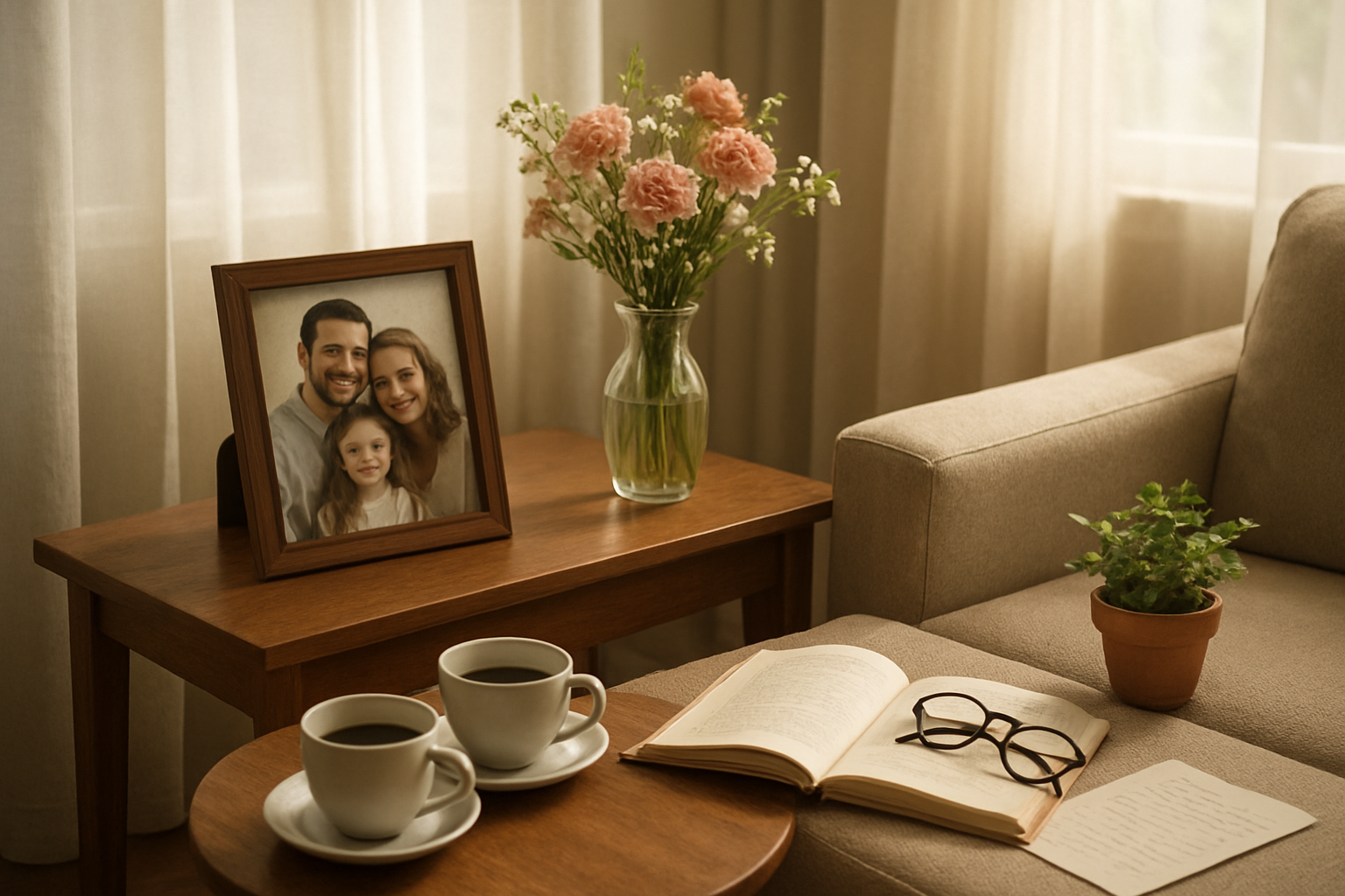 Create a realistic image of a serene indoor space with multiple symbolic representations of love arranged thoughtfully throughout the scene, including a framed family photograph on a wooden side table, fresh flowers in a vase representing new beginnings, an open book with reading glasses suggesting self-love and growth, two coffee cups on a small table indicating friendship, a handwritten letter partially visible suggesting romantic connection, and a small potted plant symbolizing nurturing love, all arranged in a warm, softly-lit living room with natural light filtering through sheer curtains, creating a peaceful and hopeful atmosphere that conveys emotional healing and openness to various forms of love, absolutely NO text should be in the scene.