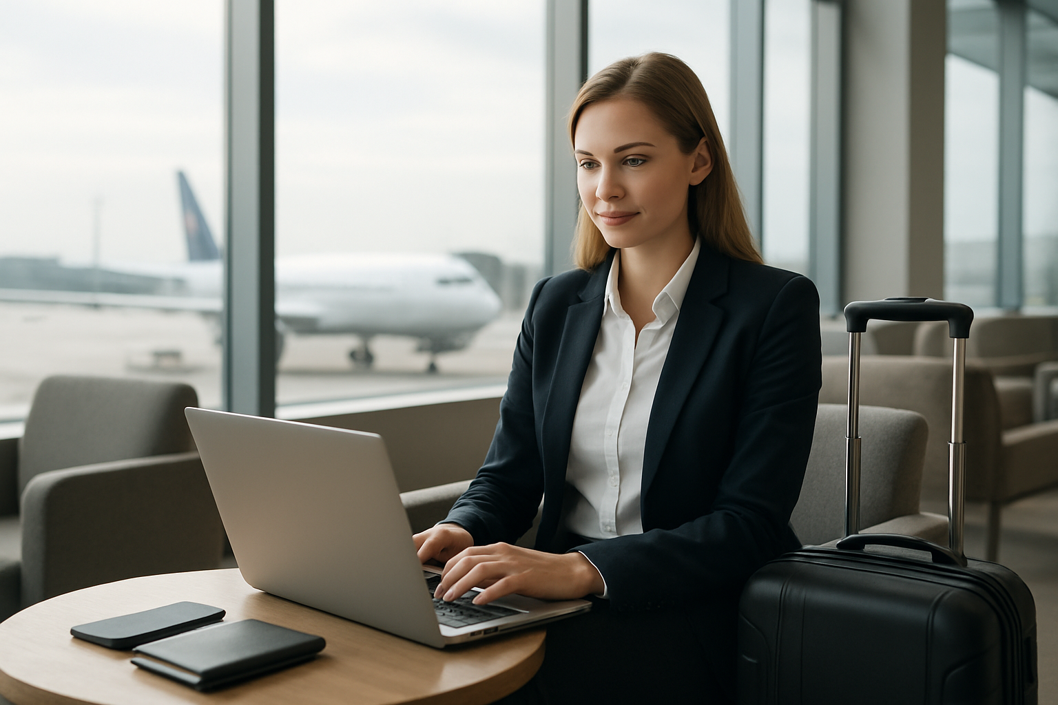 Create a realistic image of a confident young white female professional in her 30s sitting in a modern airport lounge, wearing a crisp white blouse and dark blazer while working on a laptop, with a sleek travel suitcase beside her chair, soft natural lighting from large windows showing airplanes in the background, clean and organized travel accessories neatly arranged on the table, conveying a sense of preparedness and confidence while traveling, modern minimalist airport interior with comfortable seating, absolutely NO text should be in the scene.