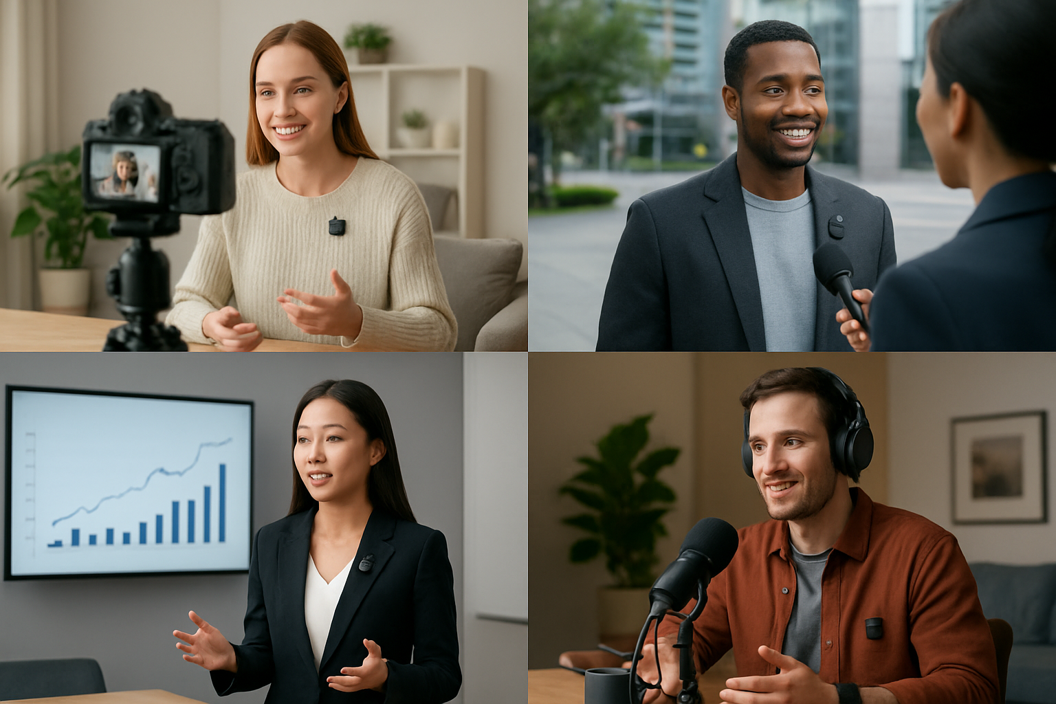 Create a realistic image of a collage-style composition showing the DJI Mic Mini wireless microphone being used in four different real-world scenarios: a white female content creator recording a video blog in a modern home studio, a black male interviewing someone outdoors in an urban setting, an Asian female giving a business presentation in a conference room, and a white male recording a podcast in a casual indoor environment, with the small wireless microphone clearly visible in each scenario, professional lighting highlighting the versatility of the device across different applications, clean and modern aesthetic with vibrant colors, absolutely NO text should be in the scene.