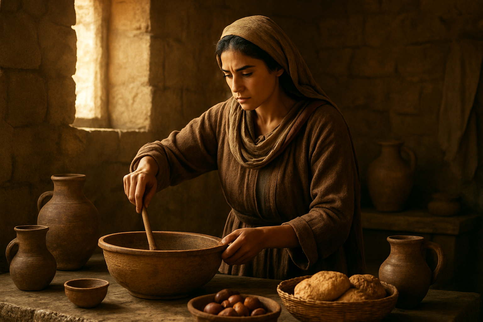 Create a realistic image of a Middle Eastern woman with olive skin and dark hair wearing traditional biblical-era robes, actively serving in an ancient kitchen setting, preparing food with clay pots and wooden utensils on a stone table, with warm golden lighting streaming through a window, showing focused determination and leadership through service, surrounded by bread, fruits, and water jugs in a humble stone home interior, absolutely NO text should be in the scene.