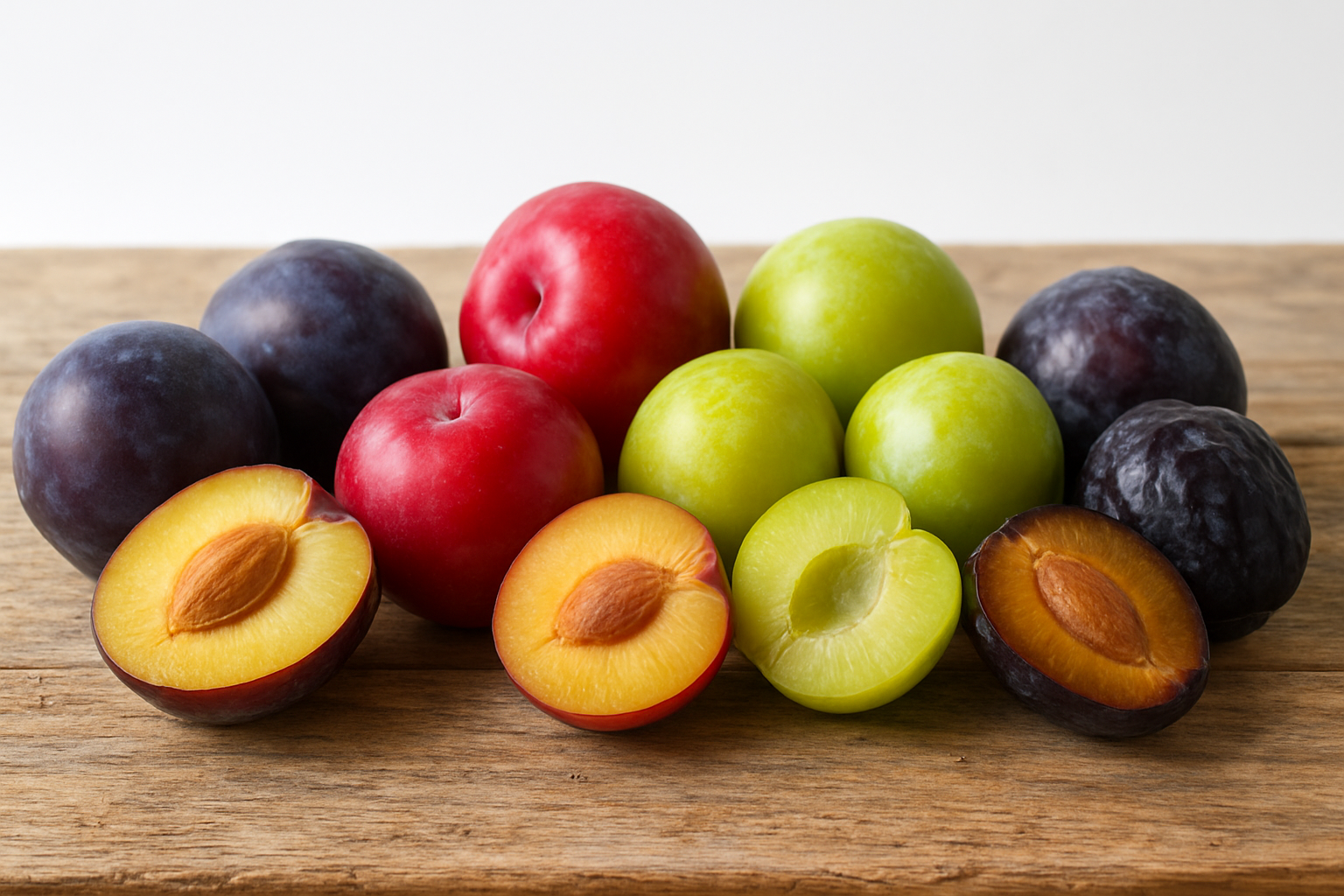 Create a realistic image of an elegant arrangement showcasing the major varieties of plums including purple European plums, red Japanese plums, yellow-green greengage plums, and dark purple Italian prunes, all displayed on a rustic wooden surface with natural lighting, some plums whole and others cut in half to show their flesh and pits, with a clean white background that fades softly behind the wooden surface, creating a fresh and appetizing mood perfect for a food blog, absolutely NO text should be in the scene.